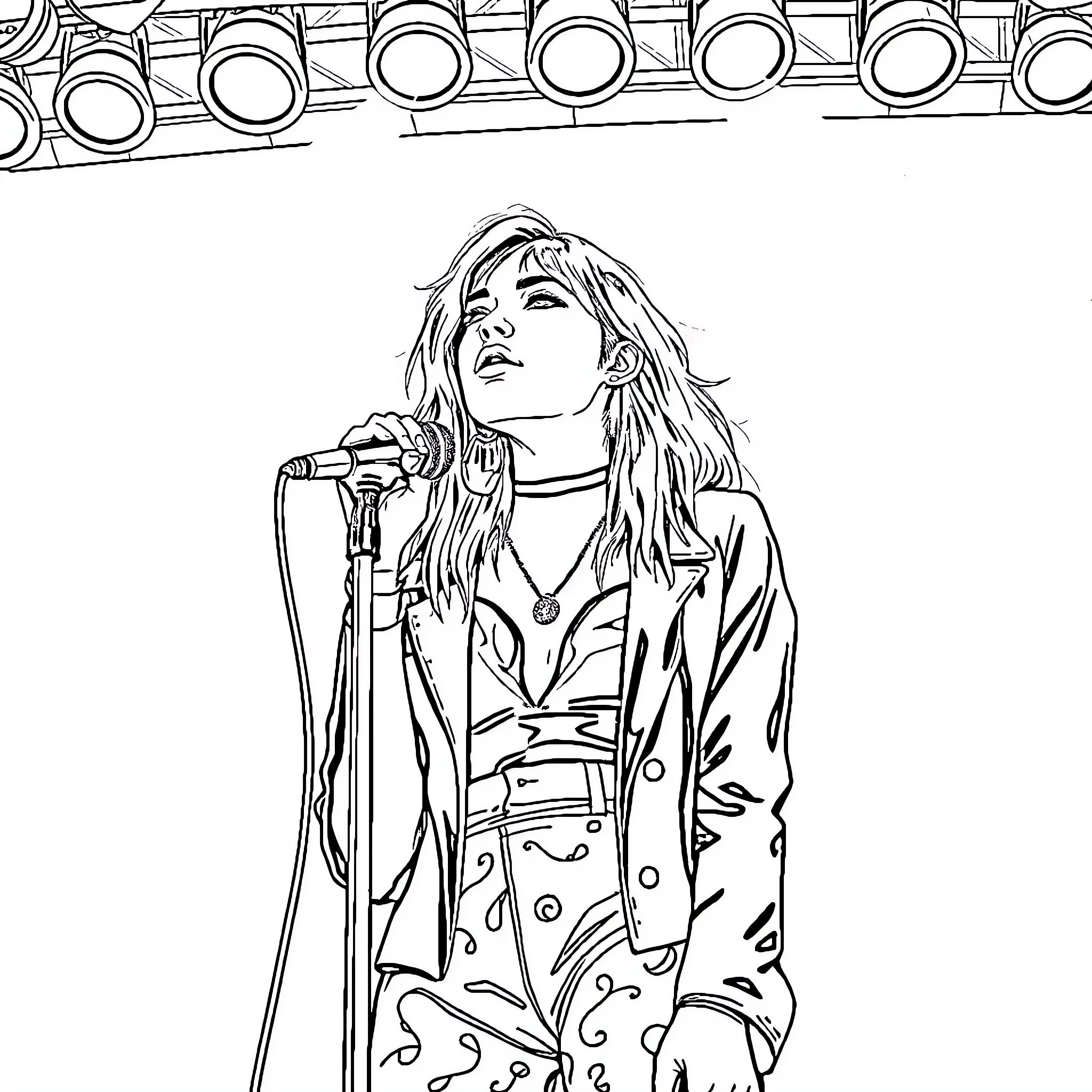Billie Eilish performing on stage with microphone Coloring Page (free black-and-white line drawing printable PDF for all, from beginners to advanced learners, including children, teens, adults, and seniors)