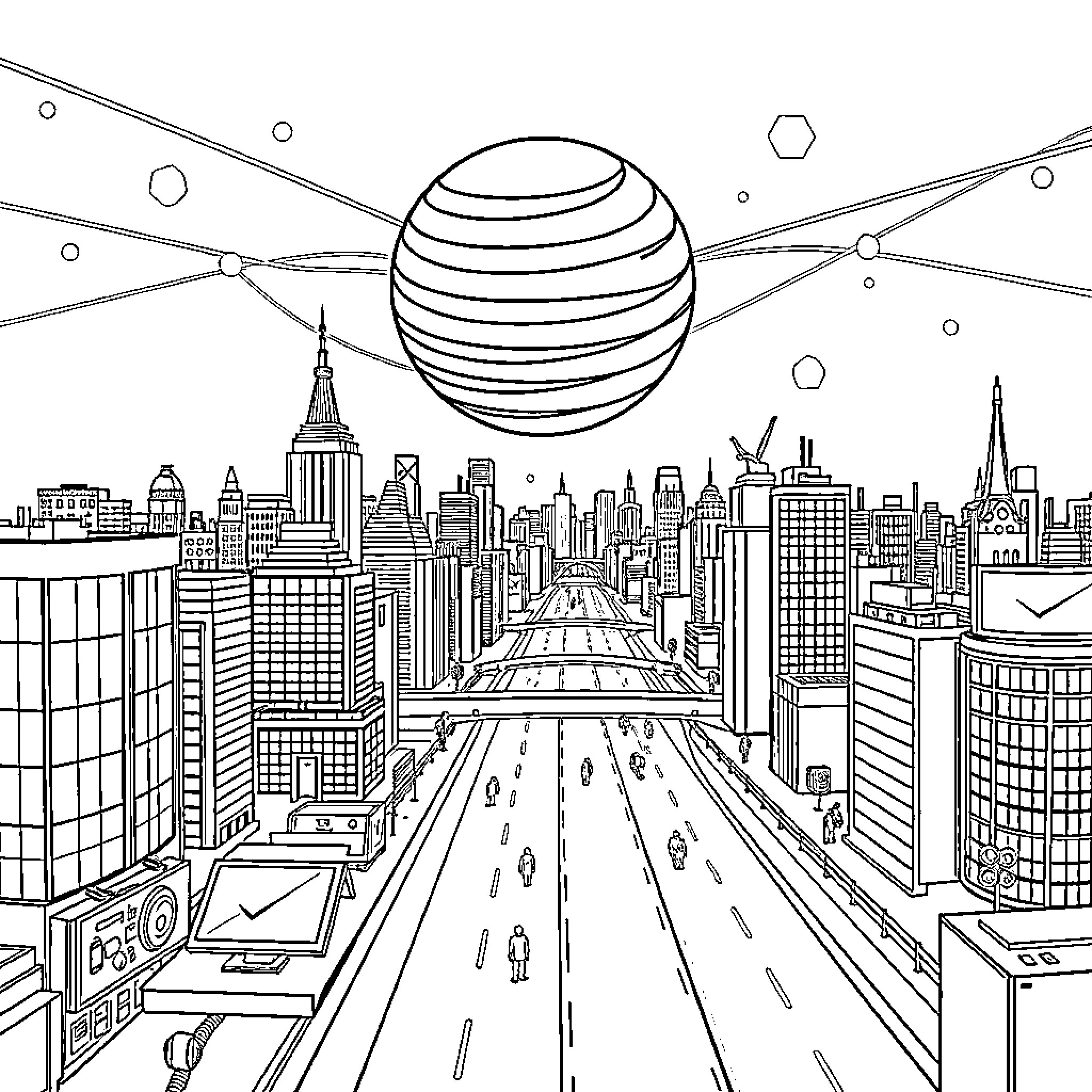 Communication in the Futuristic Metropolis Coloring Page (free black-and-white line drawing printable PDF for all, from beginners to advanced learners, including children, teens, adults, and seniors)