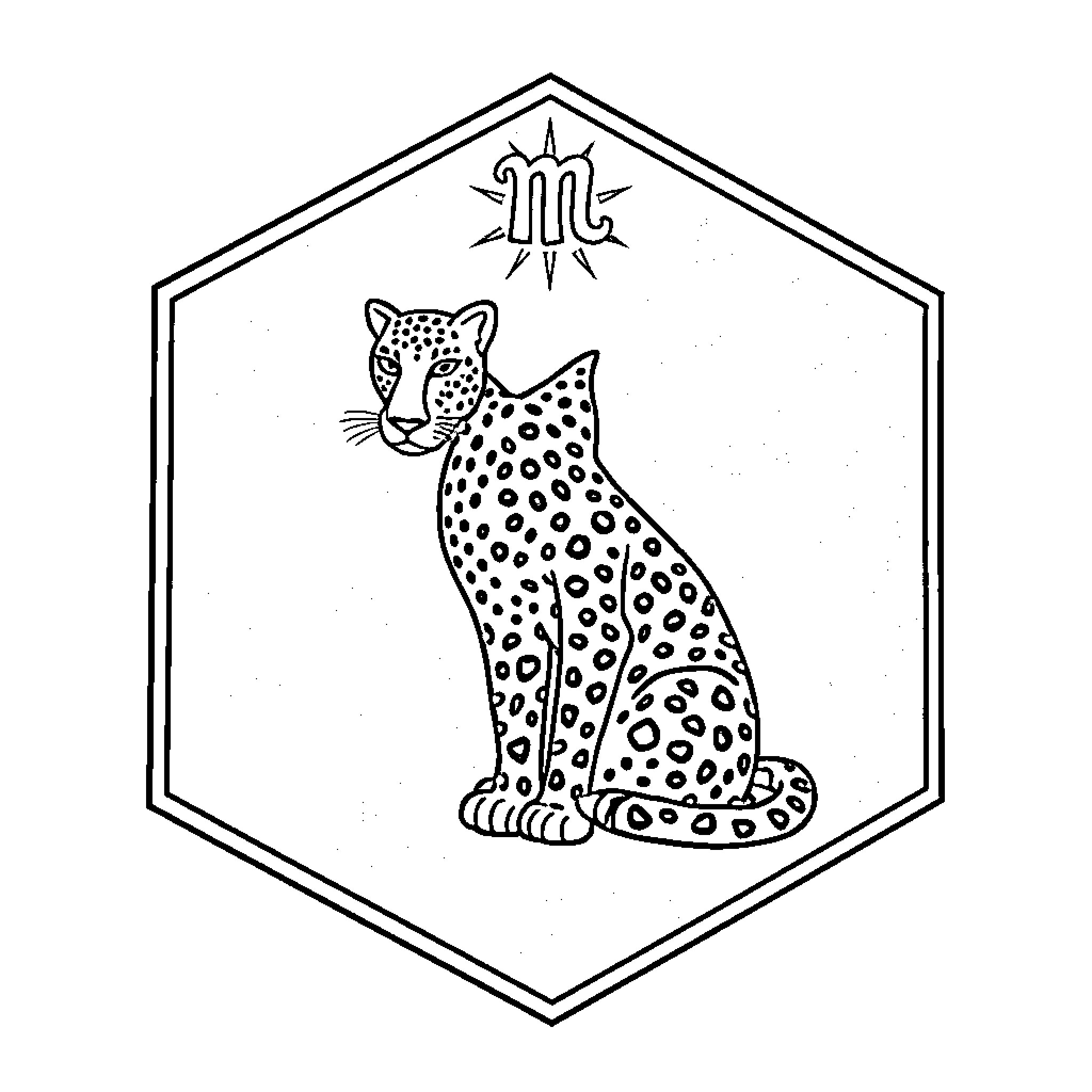 Leopard in geometric frame Coloring Page (free black-and-white line drawing printable PDF for all, from beginners to advanced learners, including children, teens, adults, and seniors)