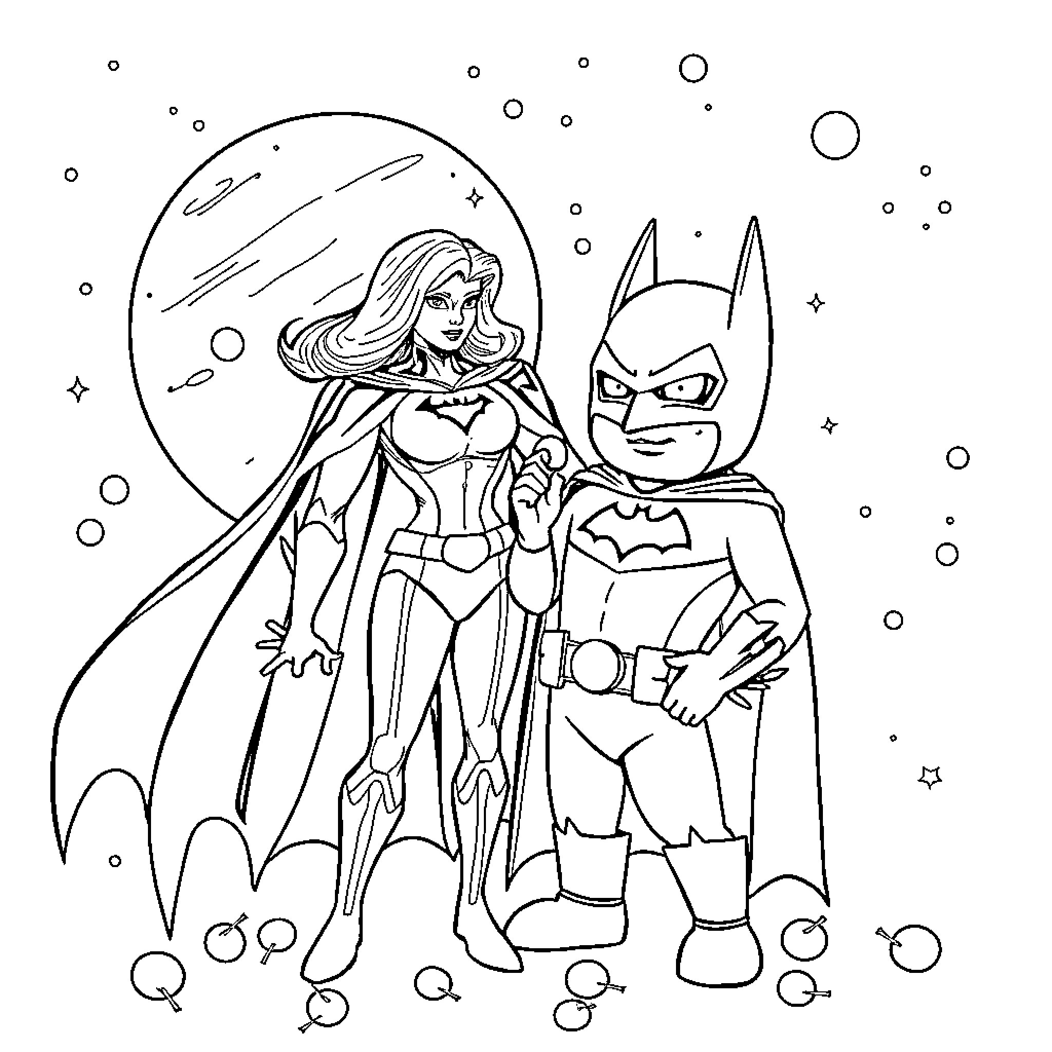 Cow superhero duo saving the day Coloring Page (free black-and-white line drawing printable PDF for all, from beginners to advanced learners, including children, teens, adults, and seniors)