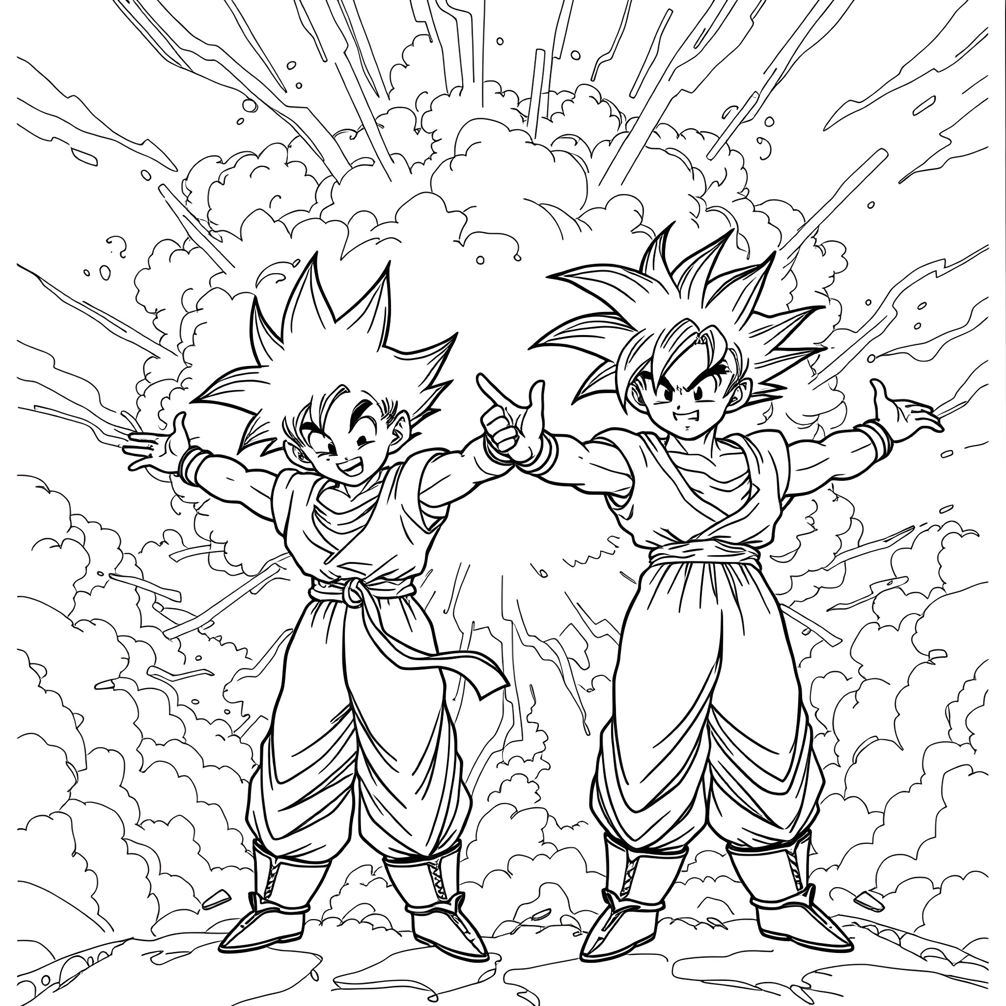 Gohan and Goku Facing a Powerful Explosion Coloring Page (free black-and-white line drawing printable PDF for all, from beginners to advanced learners, including children, teens, adults, and seniors)