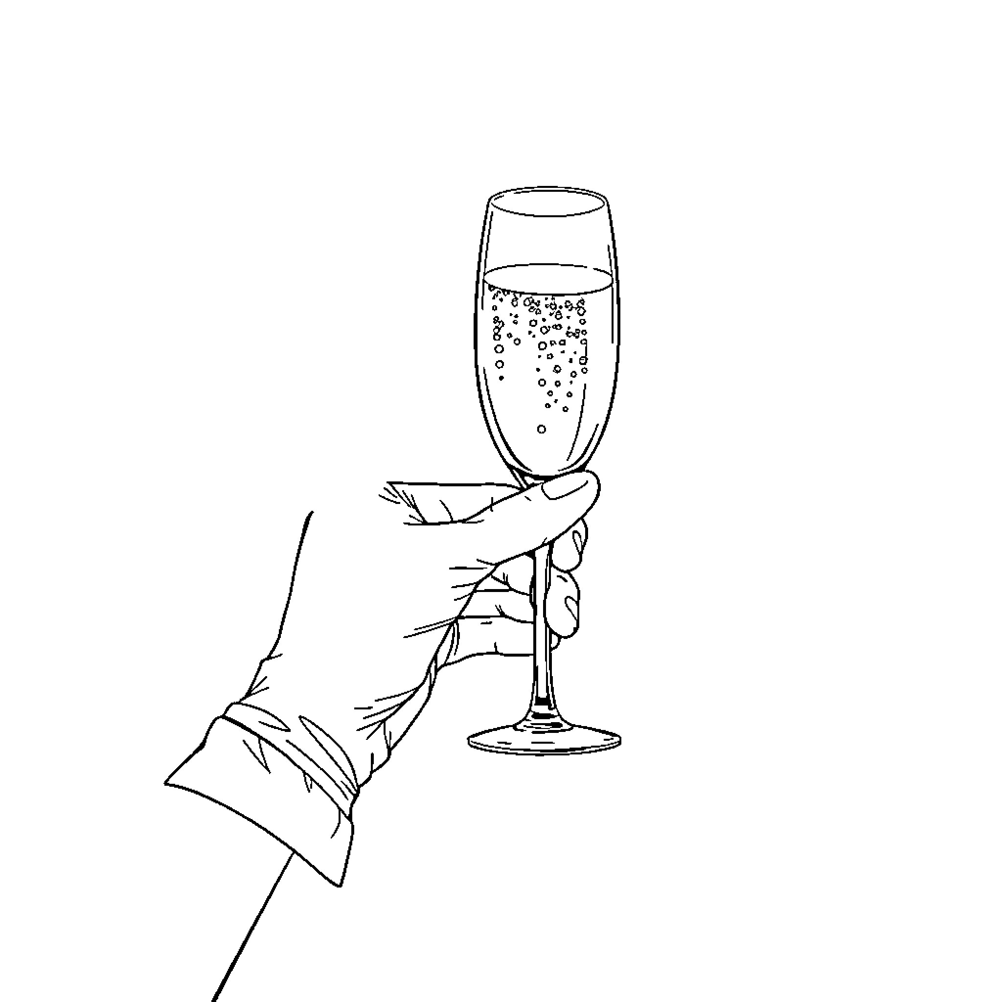Hand holding a glass of bubbly champagne Coloring Page (free black-and-white line drawing printable PDF for all, from beginners to advanced learners, including children, teens, adults, and seniors)