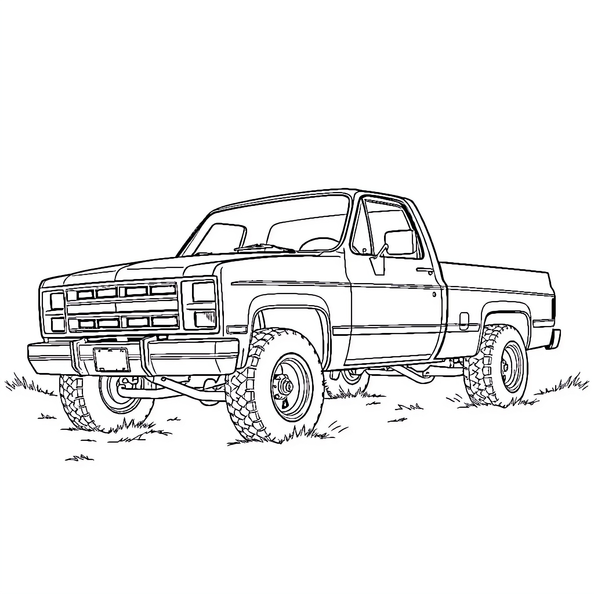 Truck off-roading in muddy terrain Coloring Page (free black-and-white line drawing printable PDF for all, from beginners to advanced learners, including children, teens, adults, and seniors)