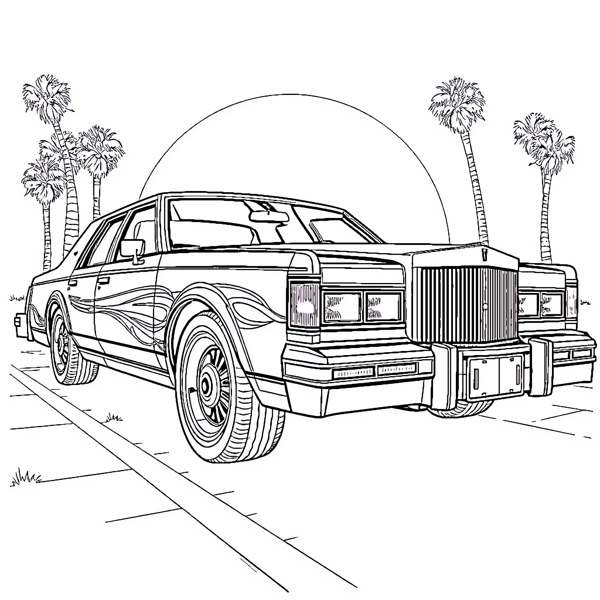Lincoln luxury sedan among palm trees Coloring Page (free black-and-white line drawing printable PDF for all, from beginners to advanced learners, including children, teens, adults, and seniors)