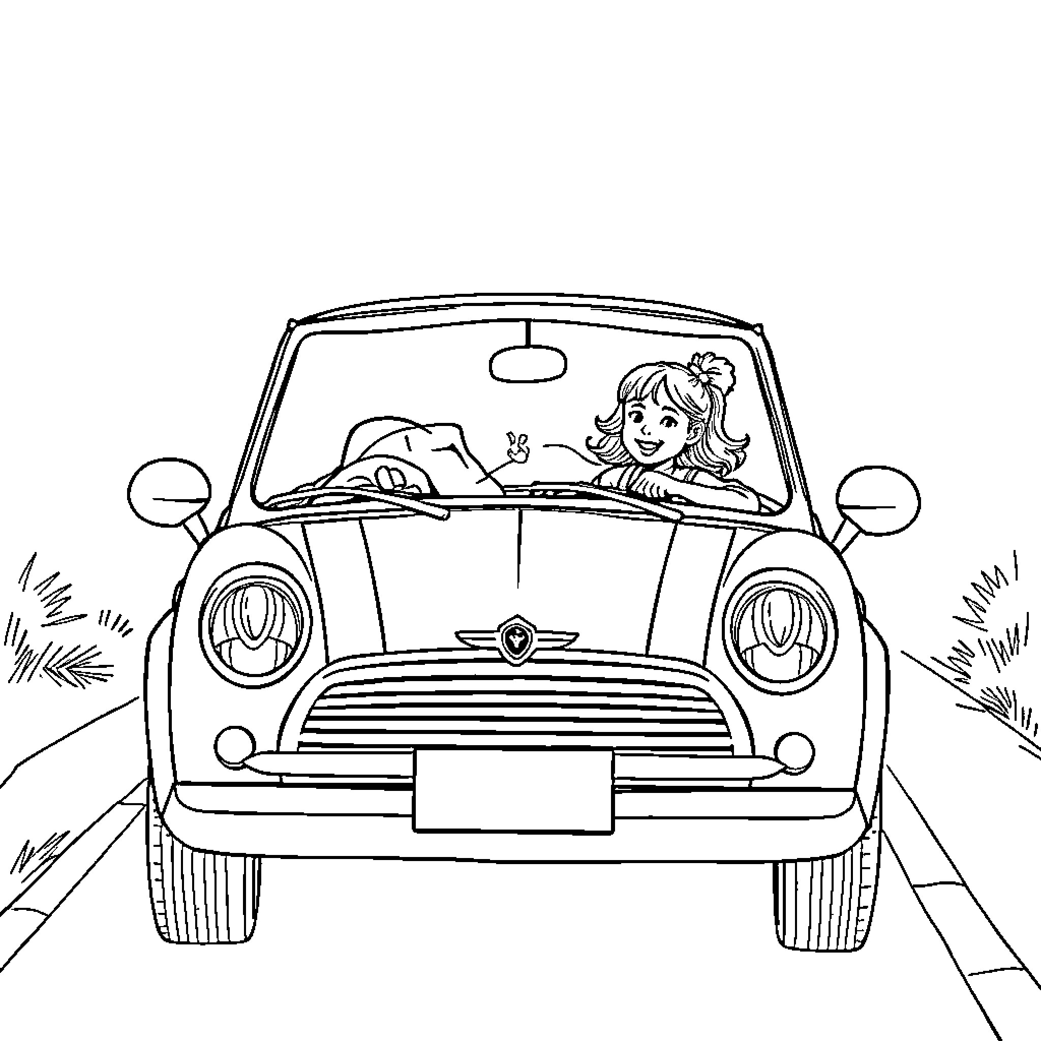 Convertible car with a cheerful woman driving Coloring Page (free black-and-white line drawing printable PDF for all, from beginners to advanced learners, including children, teens, adults, and seniors)