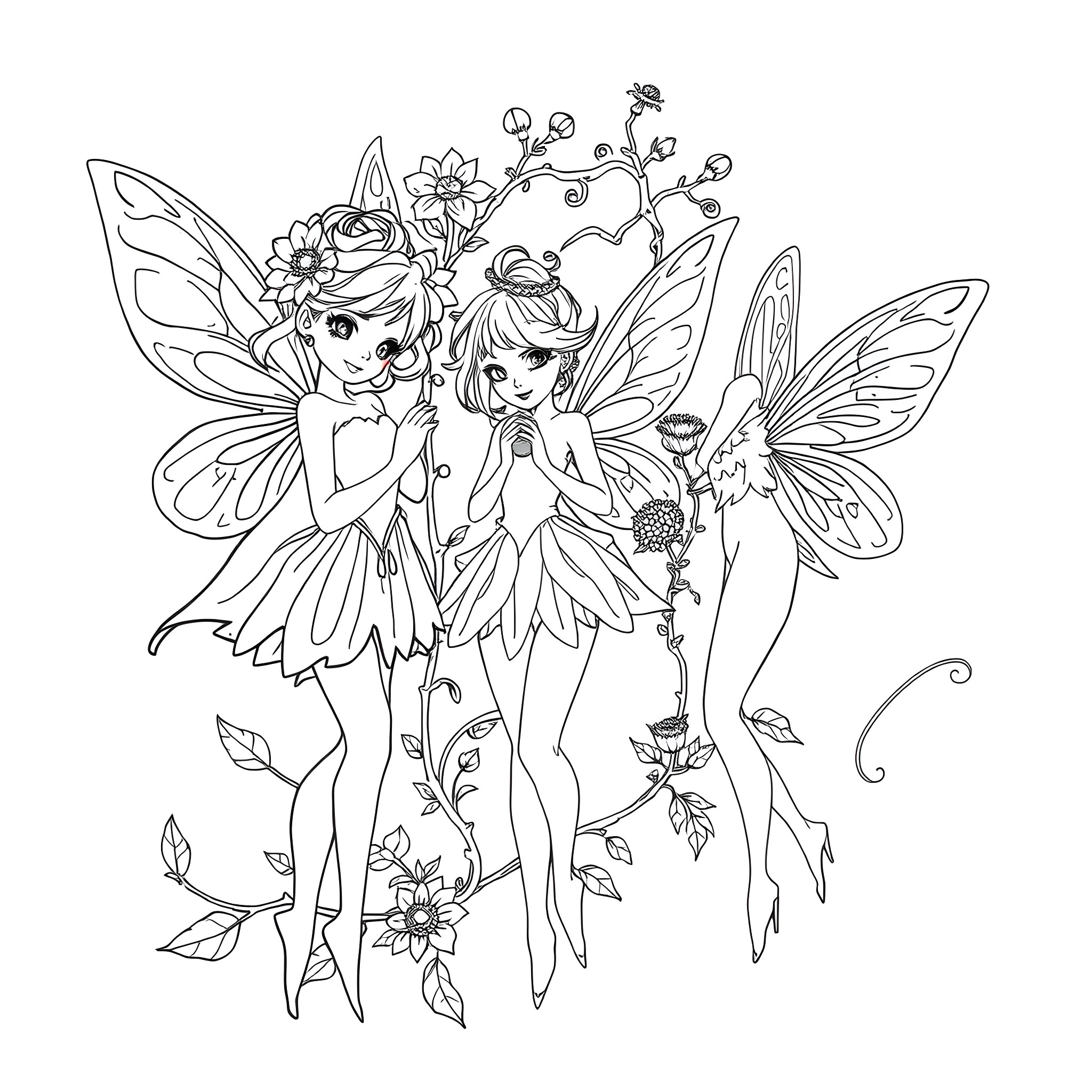Fairy Flower Friends in a Whimsical Garden Coloring Page (free black-and-white line drawing printable PDF for all, from beginners to advanced learners, including children, teens, adults, and seniors)