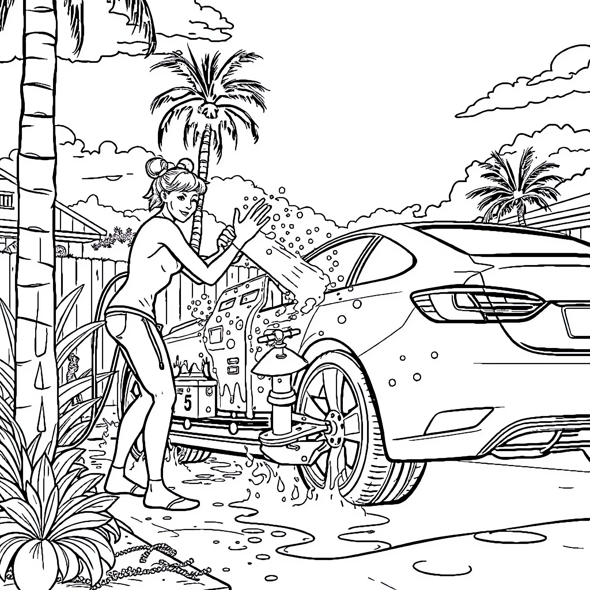 Sydney Sweeney enjoying a casual car wash in the tropics Coloring Page (free black-and-white line drawing printable PDF for all, from beginners to advanced learners, including children, teens, adults, and seniors)