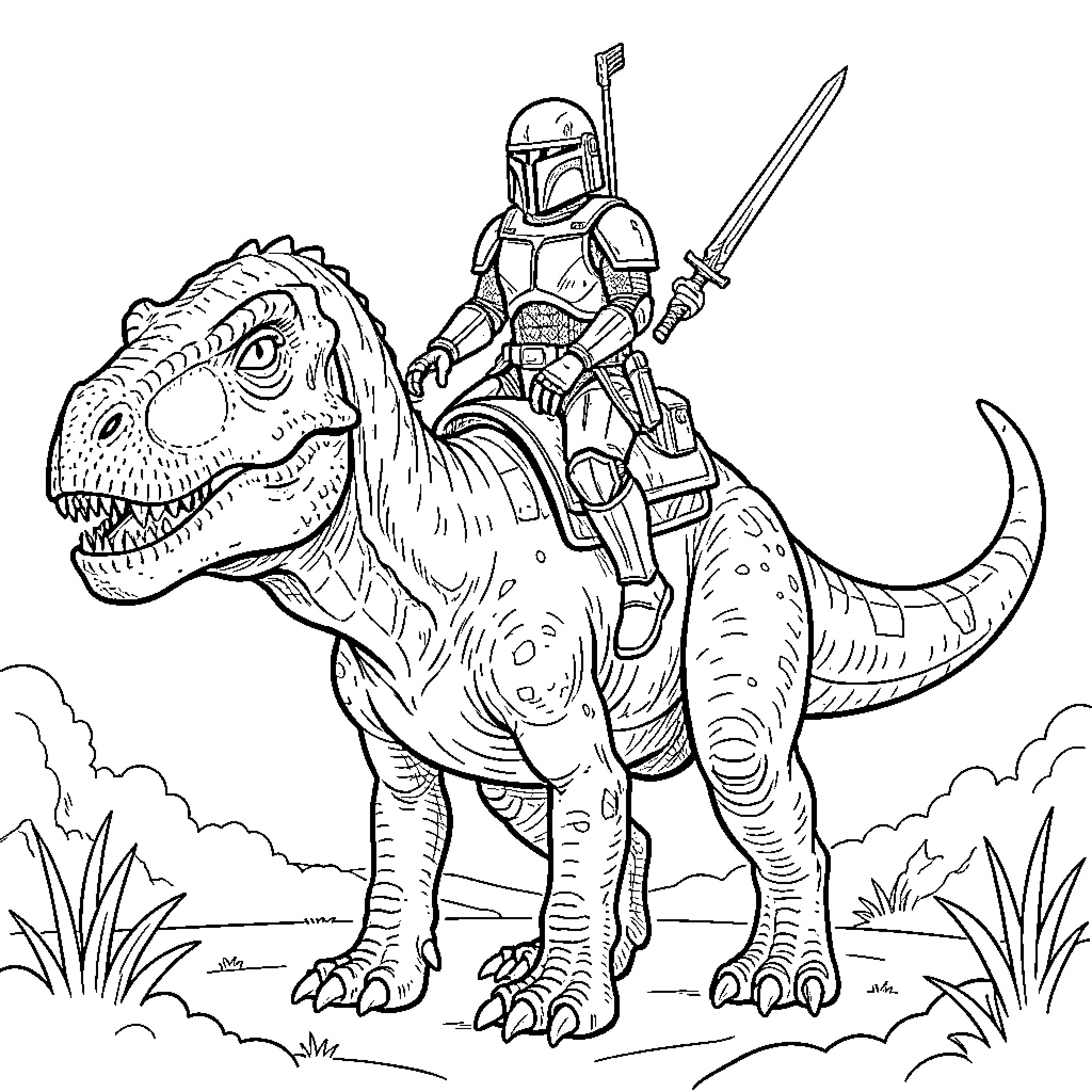 Dinosaur being ridden by a warrior with a sword Coloring Page (free black-and-white line drawing printable PDF for all, from beginners to advanced learners, including children, teens, adults, and seniors)