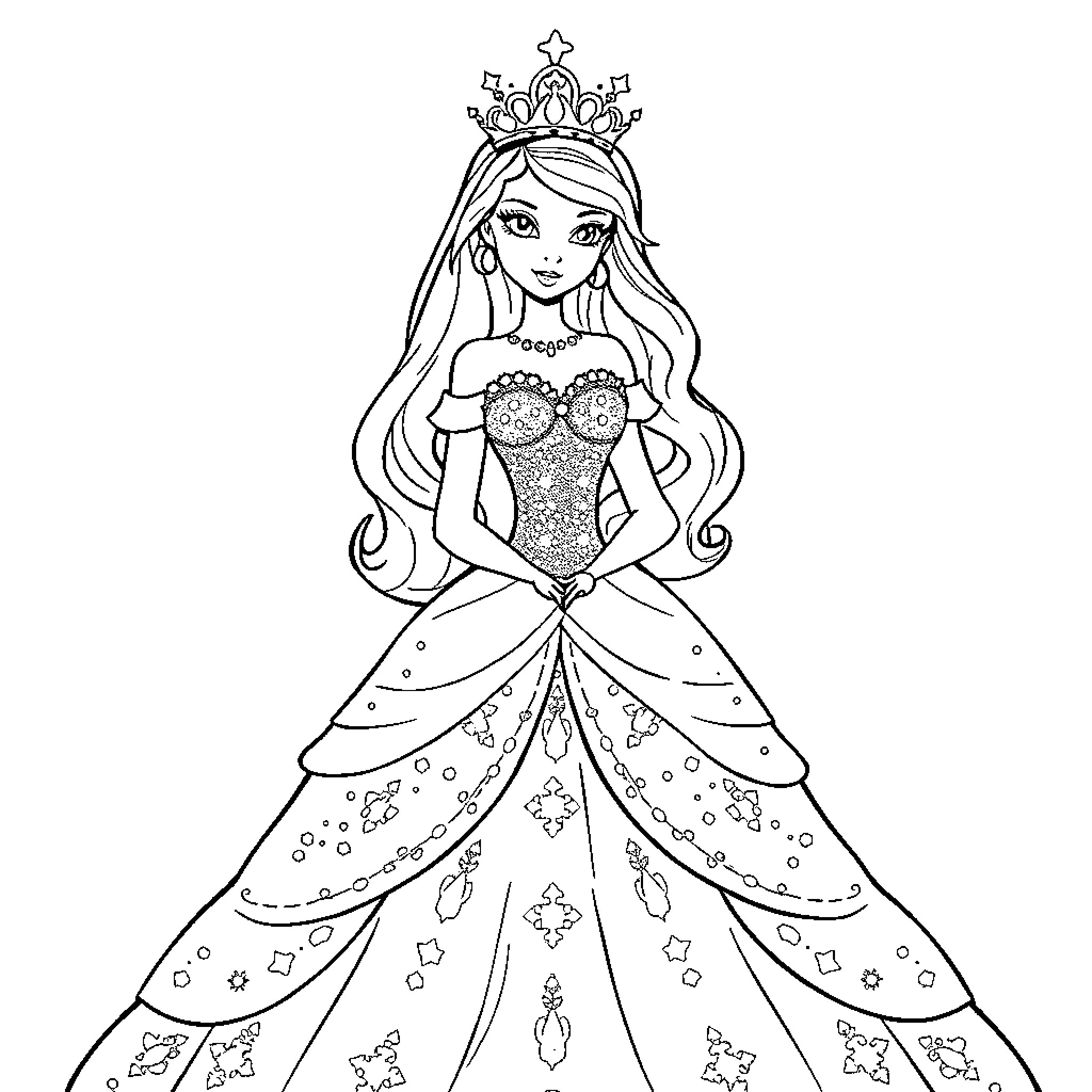 Princess in Sparkling Gown and Crown Coloring Page (free black-and-white line drawing printable PDF for all, from beginners to advanced learners, including children, teens, adults, and seniors)