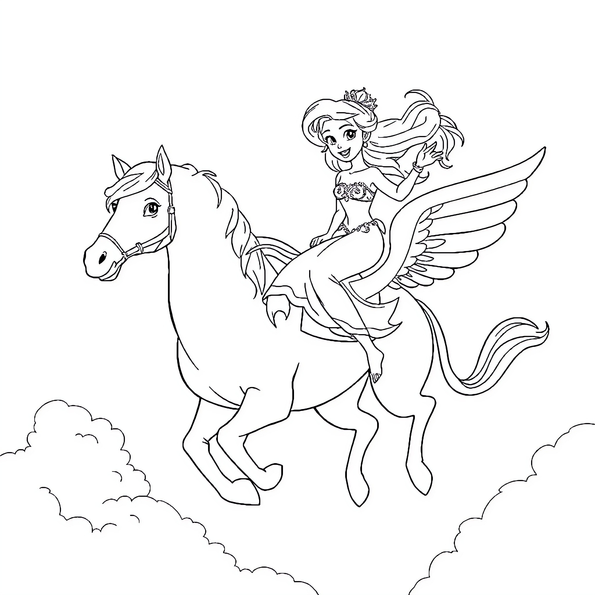 Princess Riding a Winged Horse in the Sky Coloring Page (free black-and-white line drawing printable PDF for all, from beginners to advanced learners, including children, teens, adults, and seniors)