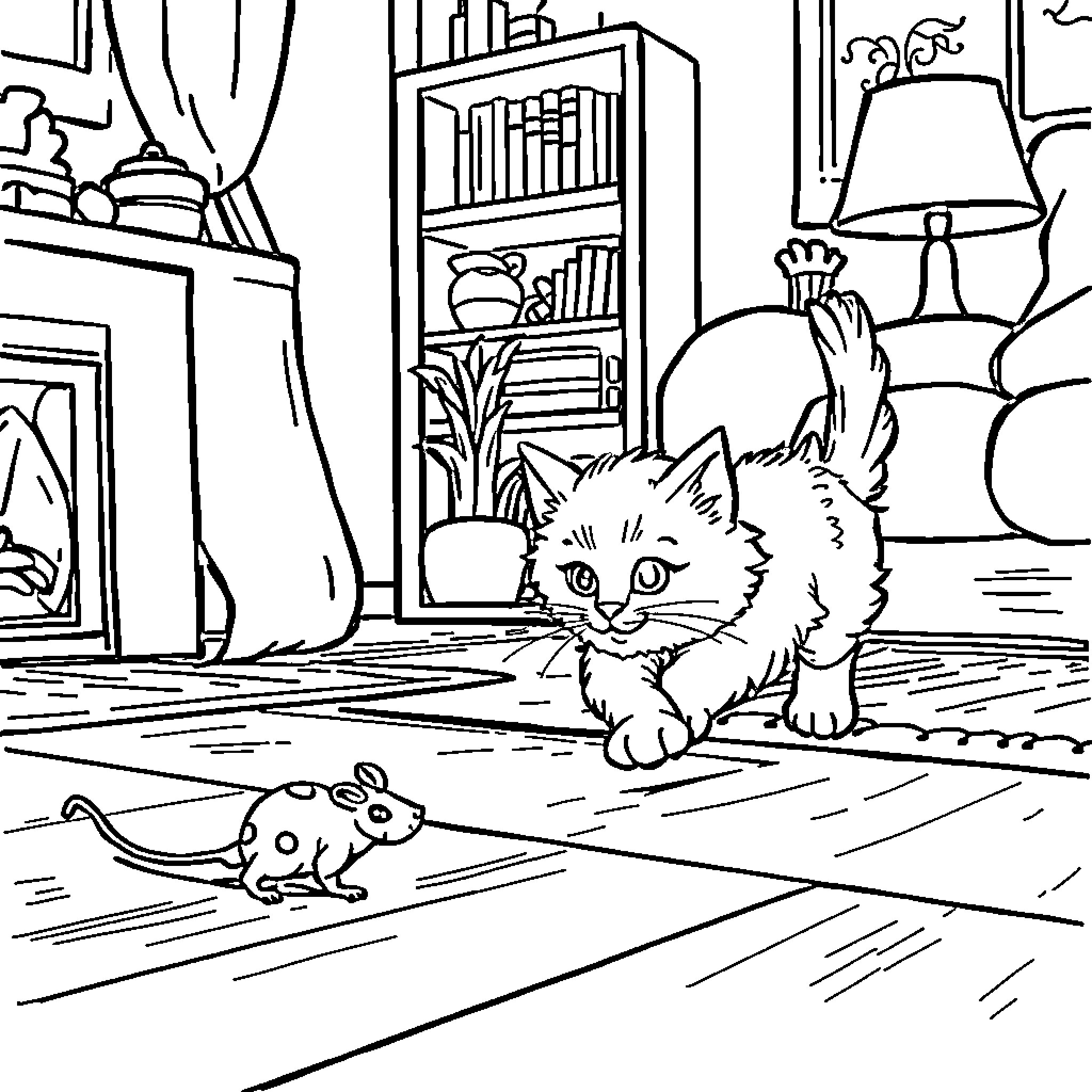 Cat exploring cozy indoor room with toys Coloring Page (free black-and-white line drawing printable PDF for all, from beginners to advanced learners, including children, teens, adults, and seniors)