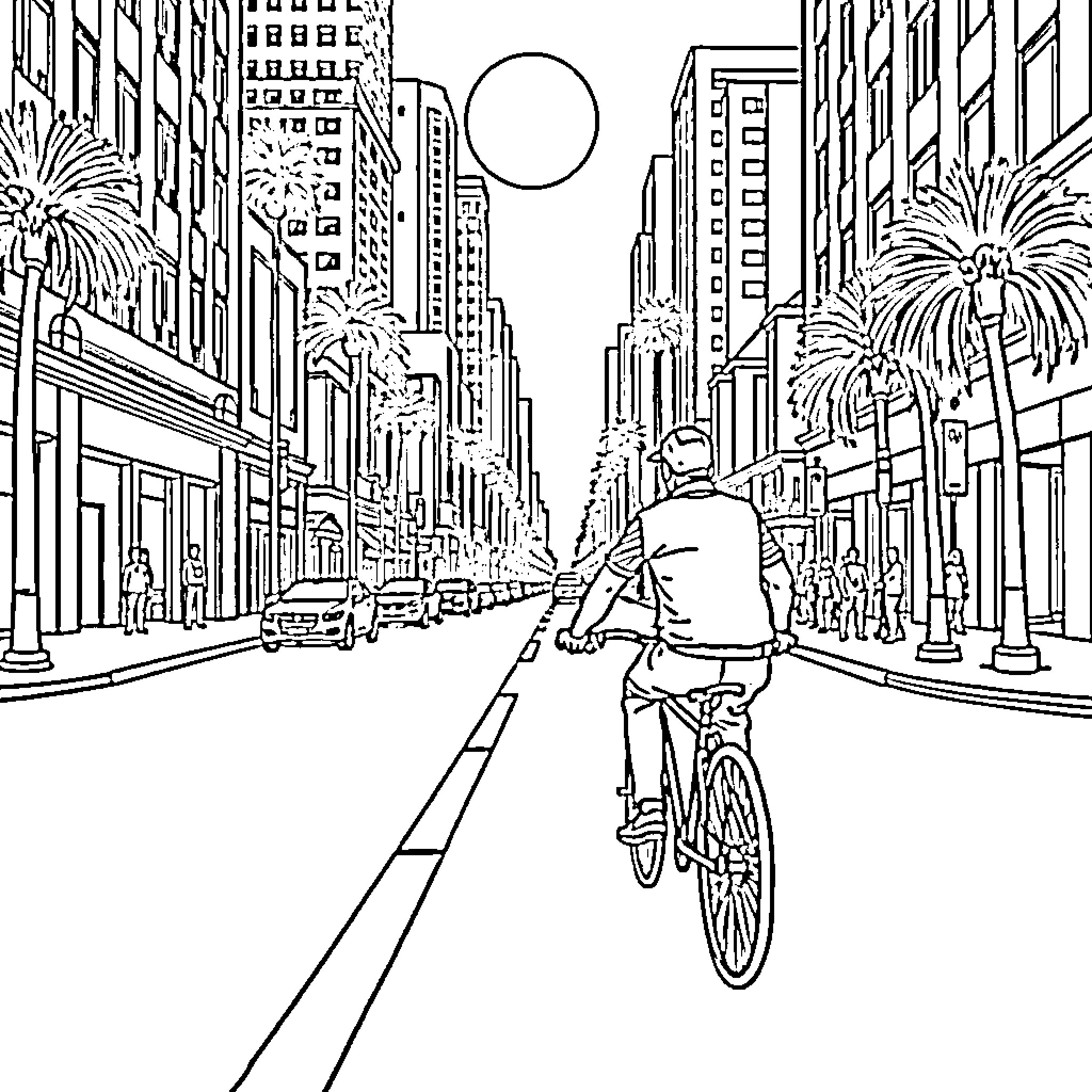 Man riding bicycle through busy city street Coloring Page (free black-and-white line drawing printable PDF for all, from beginners to advanced learners, including children, teens, adults, and seniors)