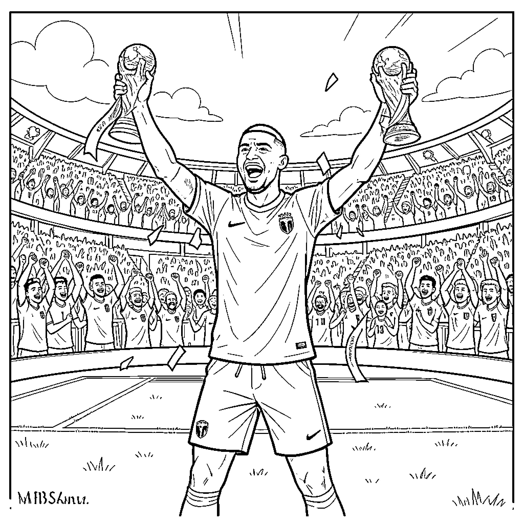 Mbappe celebrating joyfully while holding two trophies Coloring Page (free black-and-white line drawing printable PDF for all, from beginners to advanced learners, including children, teens, adults, and seniors)