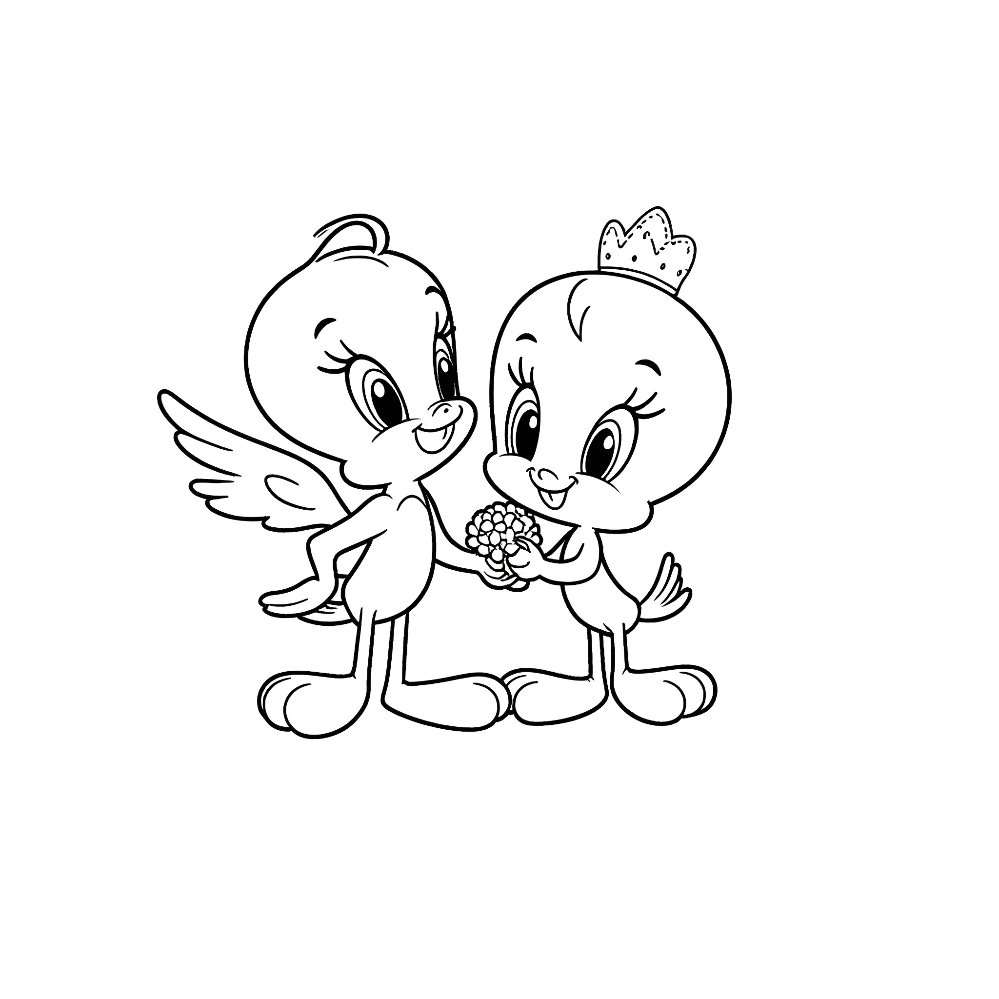 Tweety Bird and Sylvester the Cat playing together Coloring Page (free black-and-white line drawing printable PDF for all, from beginners to advanced learners, including children, teens, adults, and seniors)