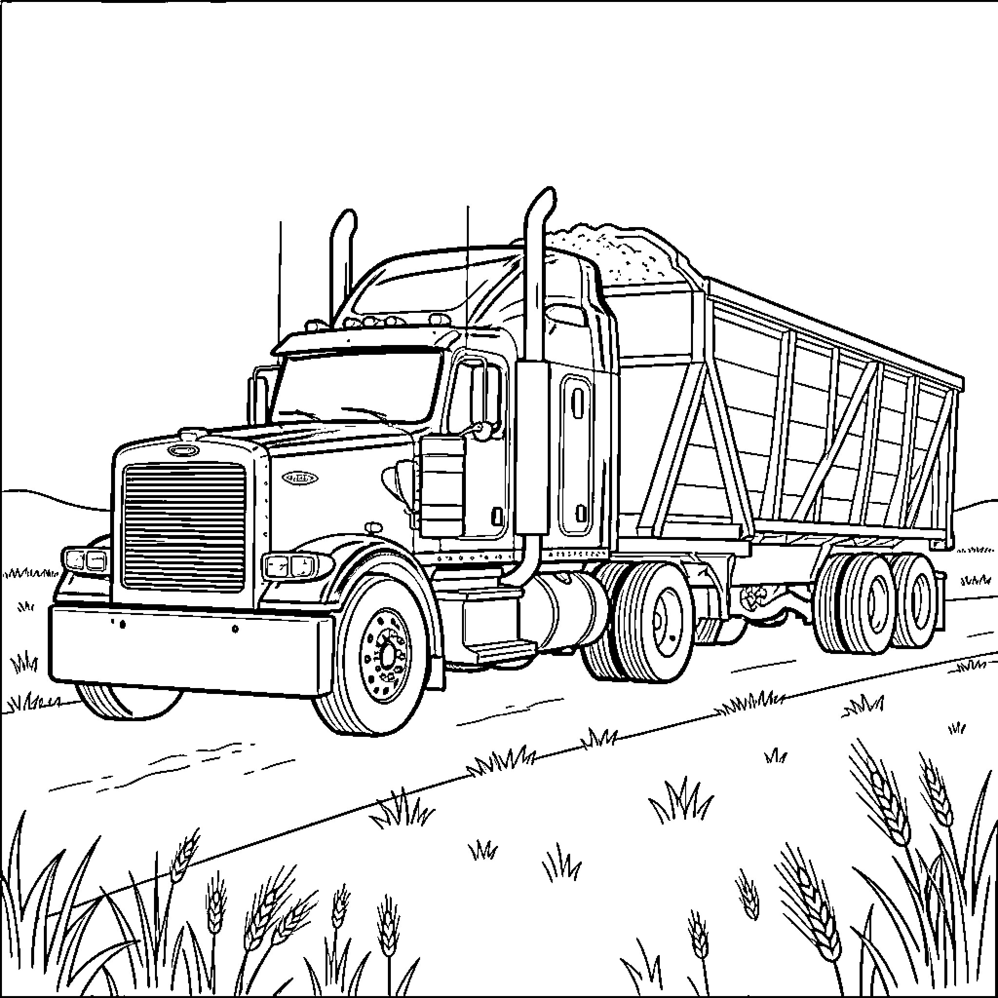 Truck transporting agricultural goods through rural landscape Coloring Page (free black-and-white line drawing printable PDF for all, from beginners to advanced learners, including children, teens, adults, and seniors)