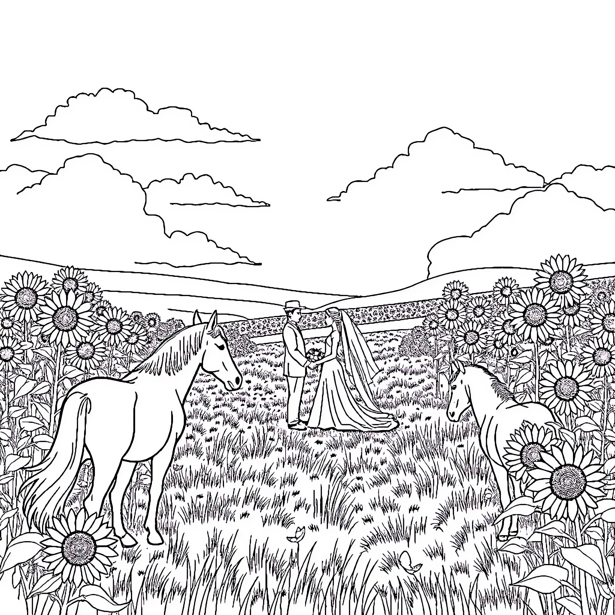 Wedding Celebration in Sunflower Field Coloring Page (free black-and-white line drawing printable PDF for all, from beginners to advanced learners, including children, teens, adults, and seniors)