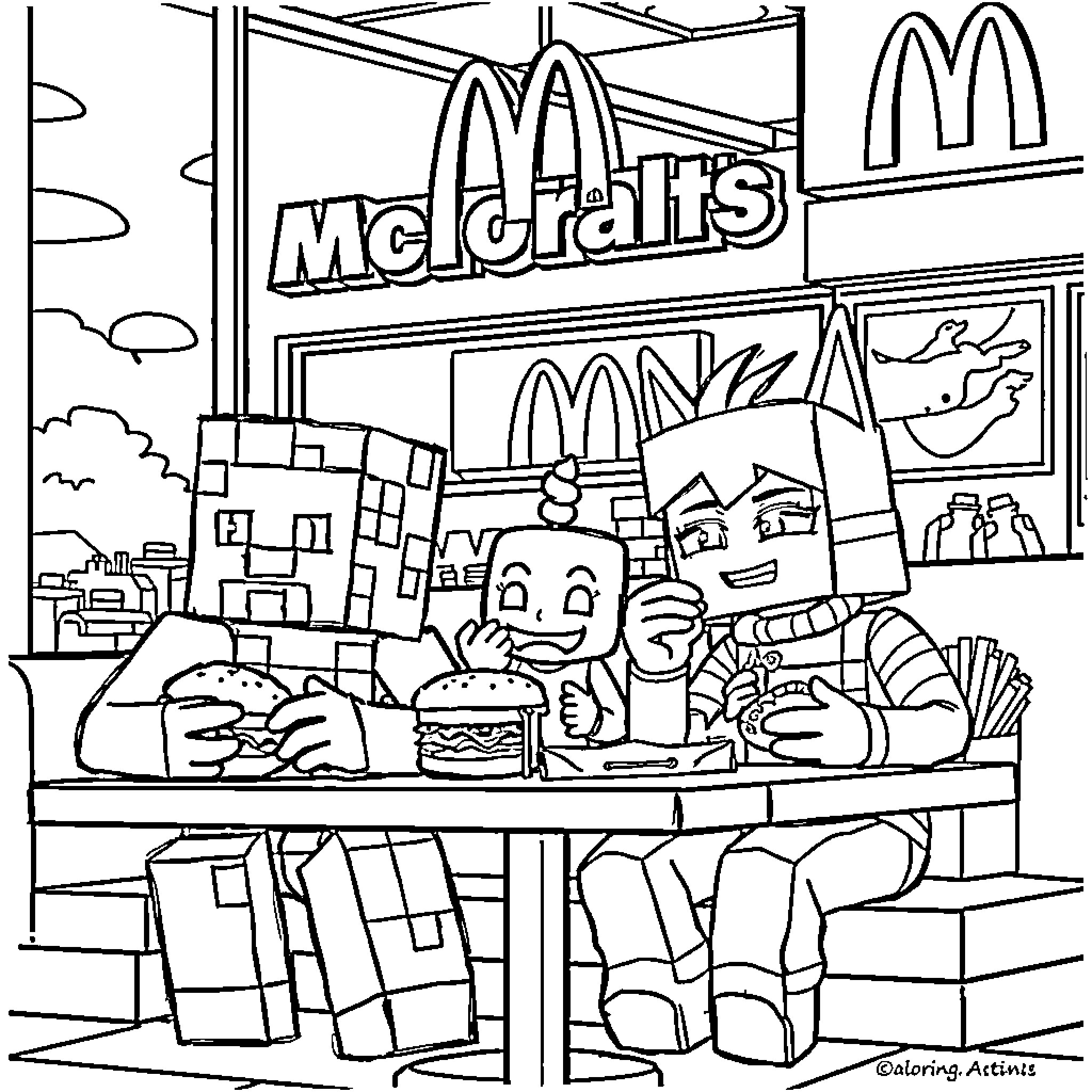 Minecraft Character enjoying a meal at McDonald's Coloring Page (free black-and-white line drawing printable PDF for all, from beginners to advanced learners, including children, teens, adults, and seniors)