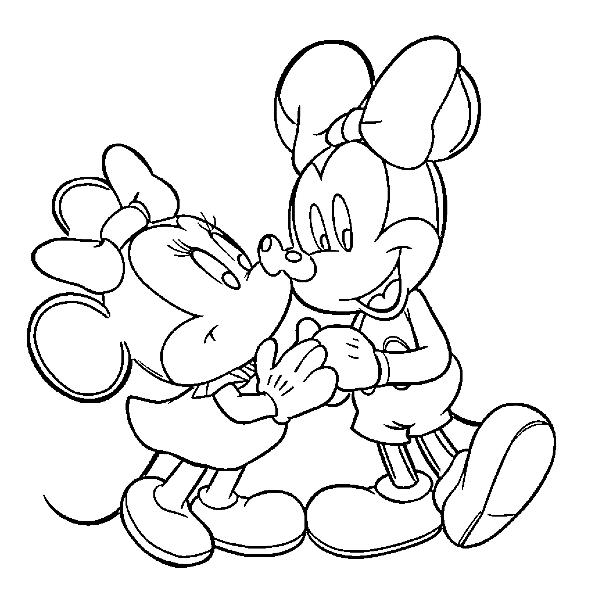 Minnie embracing Mickey with affection Coloring Page (free black-and-white line drawing printable PDF for all, from beginners to advanced learners, including children, teens, adults, and seniors)