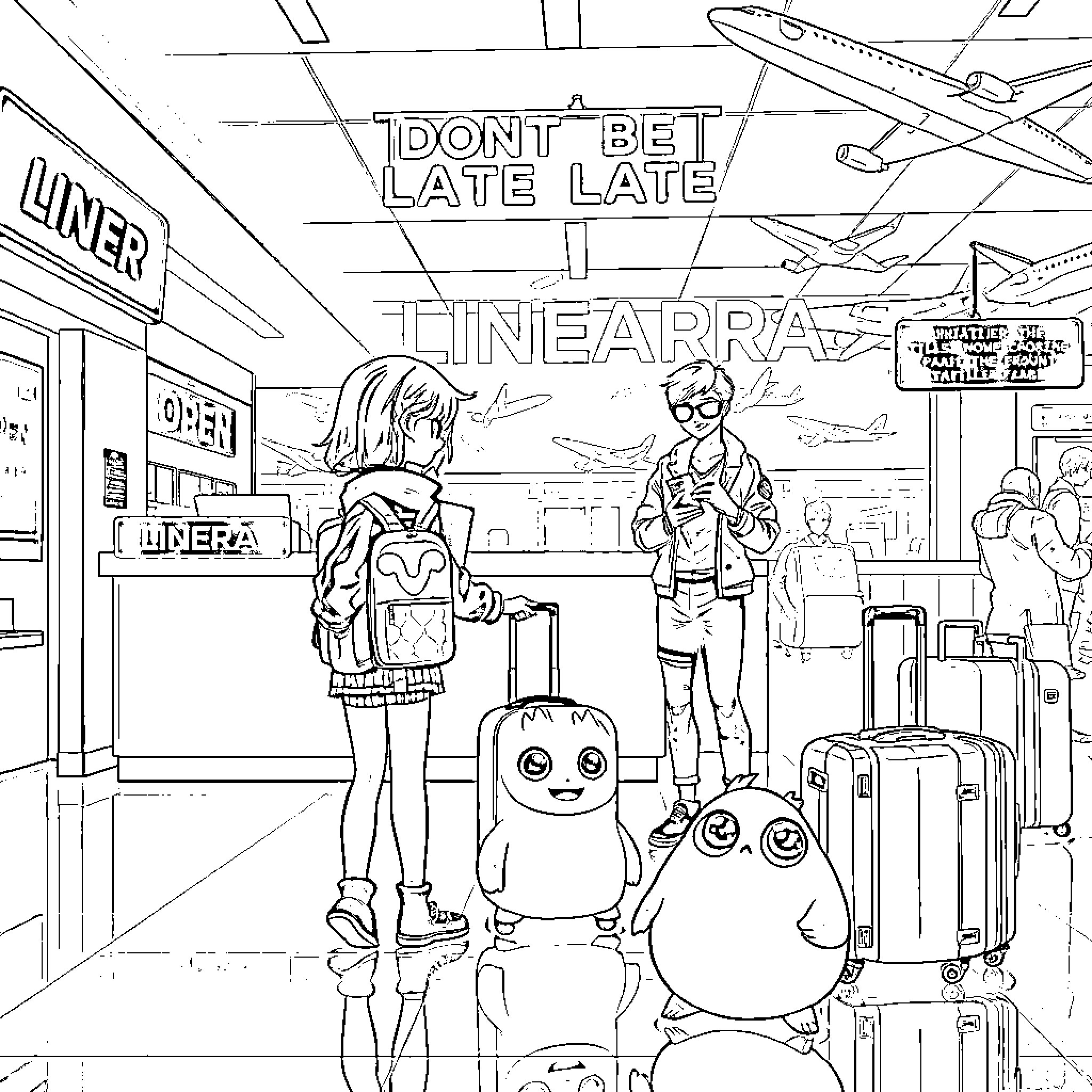 Airport scene with travelers and quirky characters Coloring Page (free black-and-white line drawing printable PDF for all, from beginners to advanced learners, including children, teens, adults, and seniors)