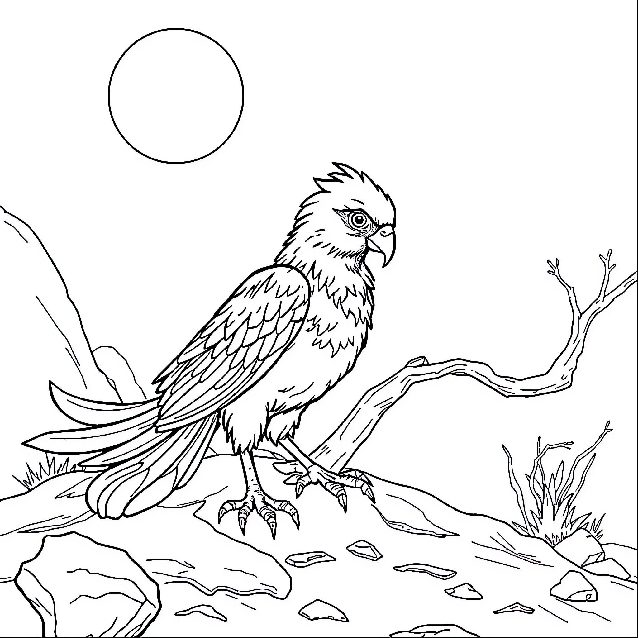 Fenix bird perched on a branch in nature Coloring Page (free black-and-white line drawing printable PDF for all, from beginners to advanced learners, including children, teens, adults, and seniors)