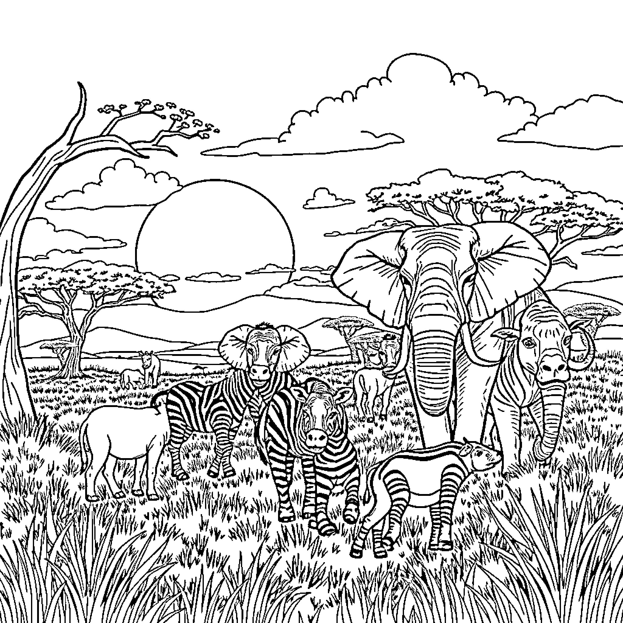 Safari Scenes with Diverse Wildlife Coloring Page (free black-and-white line drawing printable PDF for all, from beginners to advanced learners, including children, teens, adults, and seniors)