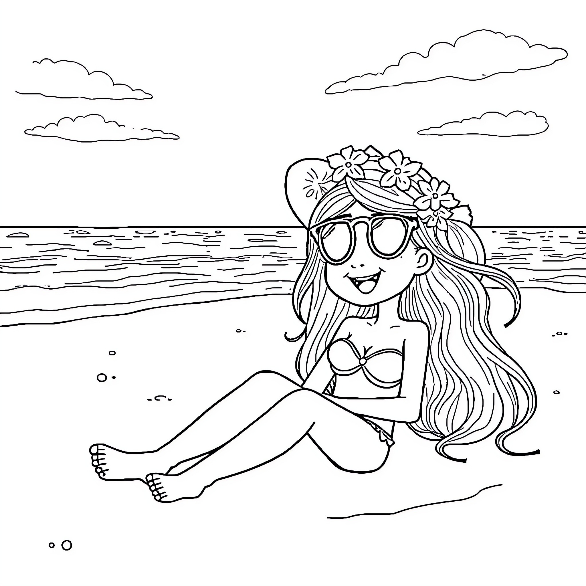 Tokito enjoying a day at the beach Coloring Page (free black-and-white line drawing printable PDF for all, from beginners to advanced learners, including children, teens, adults, and seniors)