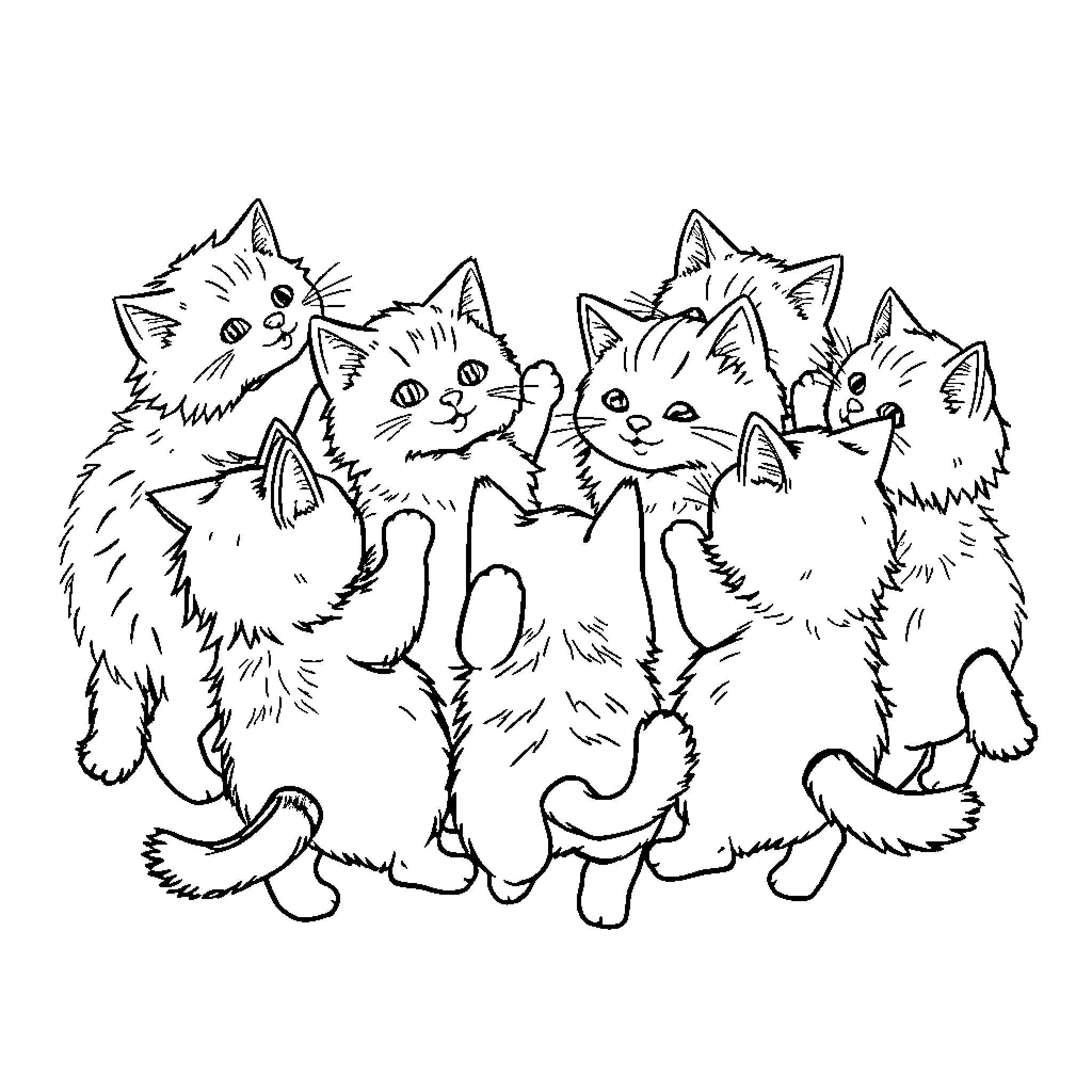 Kitty friends playing together happily Coloring Page (free black-and-white line drawing printable PDF for all, from beginners to advanced learners, including children, teens, adults, and seniors)