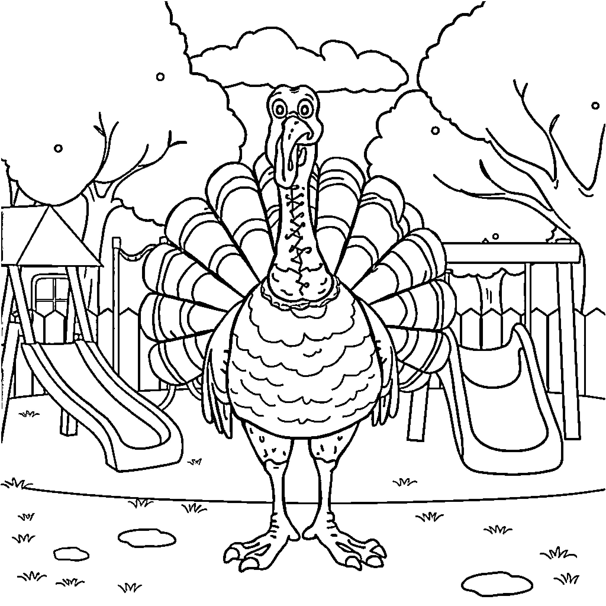 Turkey enjoying a day at the playground Coloring Page (free black-and-white line drawing printable PDF for all, from beginners to advanced learners, including children, teens, adults, and seniors)