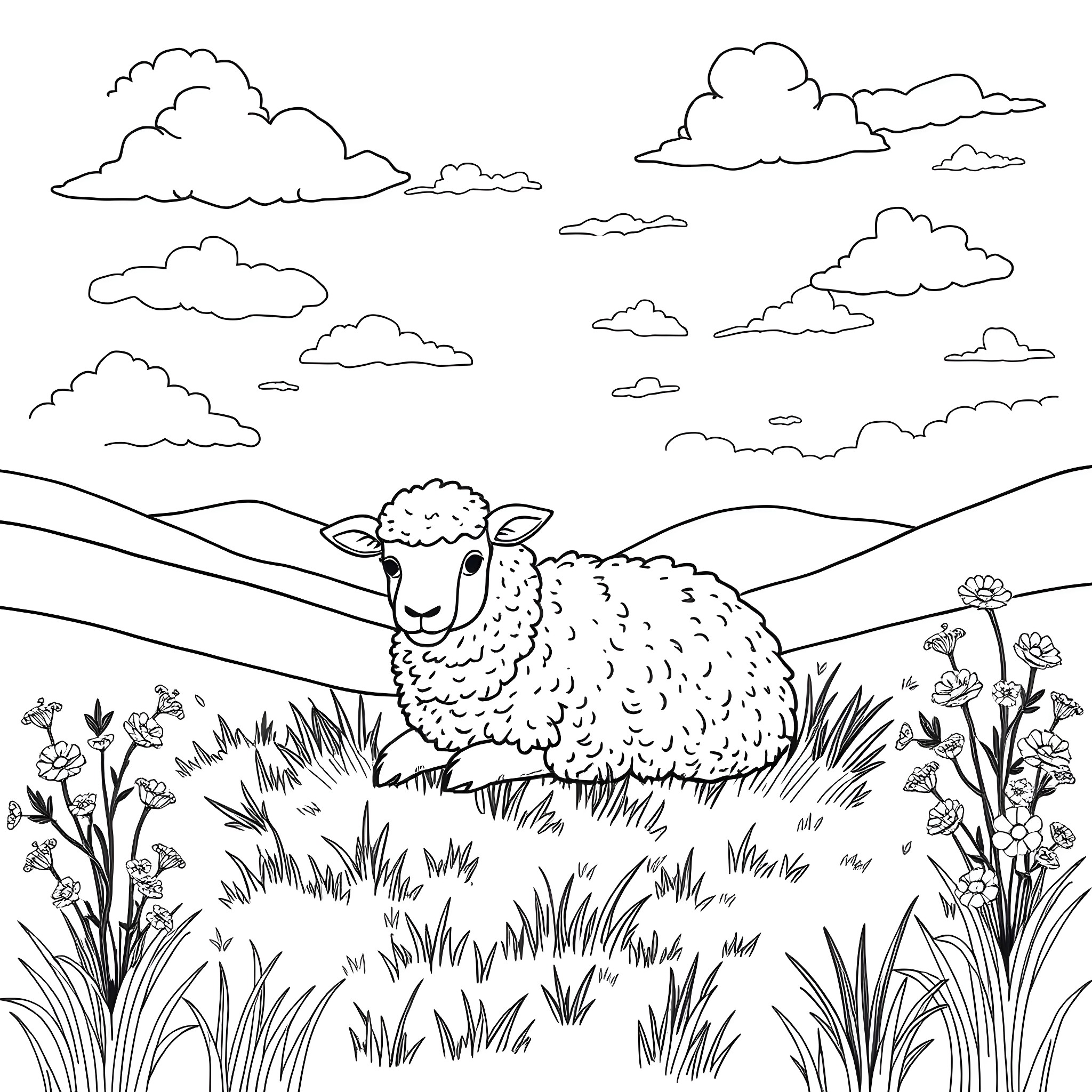 Sheep resting peacefully in a field Coloring Page (free black-and-white line drawing printable PDF for all, from beginners to advanced learners, including children, teens, adults, and seniors)