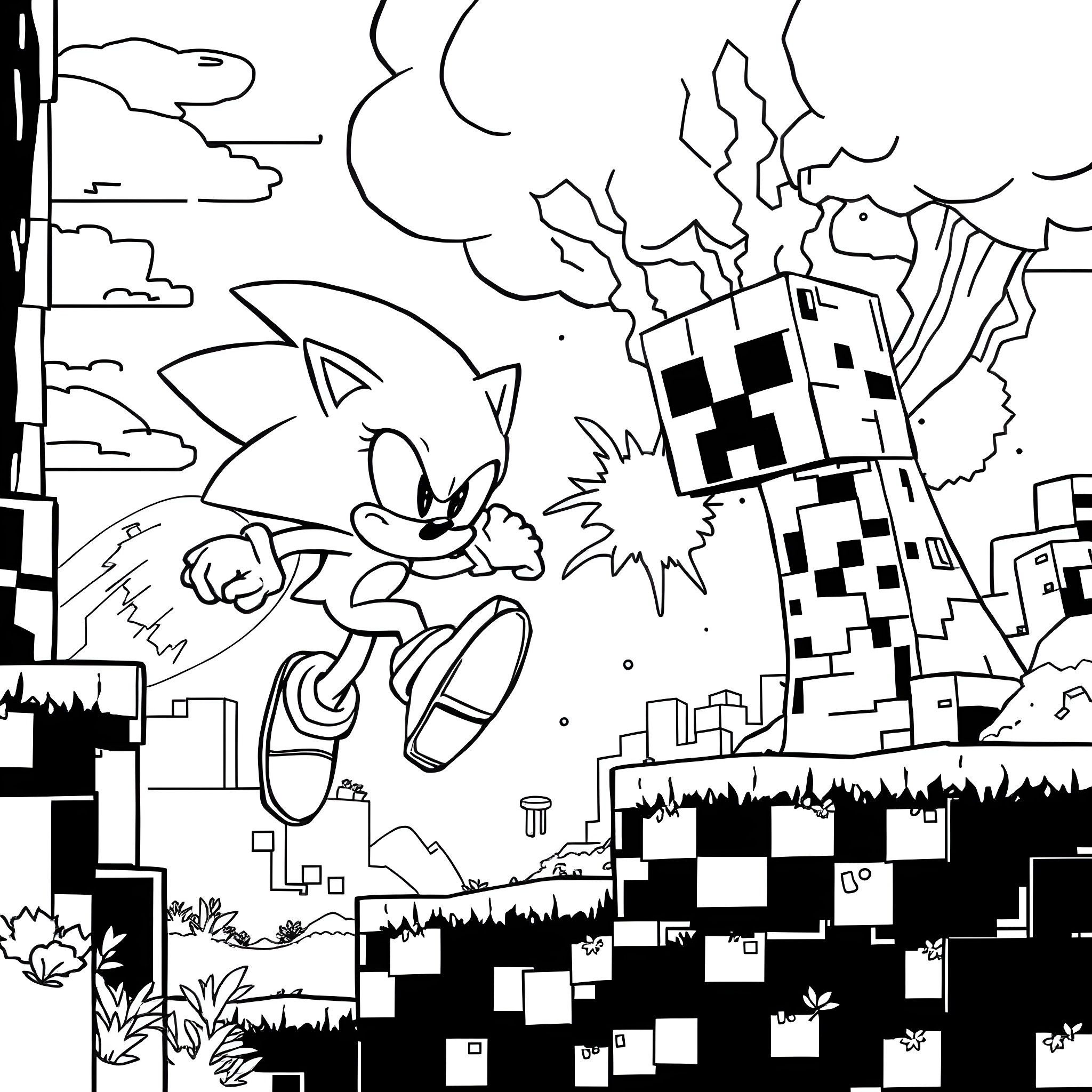 Sonic Rushing Through a Chaotic Landscape Coloring Page (free black-and-white line drawing printable PDF for all, from beginners to advanced learners, including children, teens, adults, and seniors)