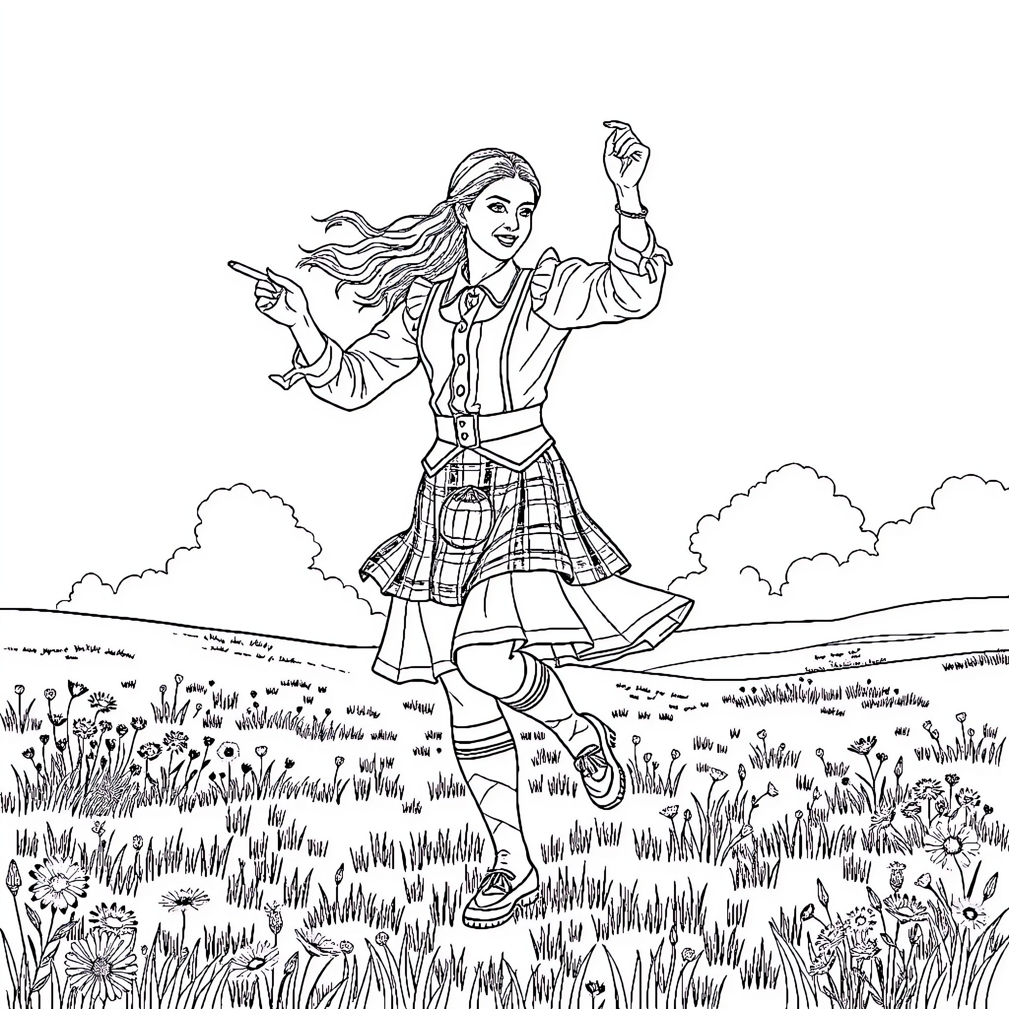 Dancer in a Joyful Meadow Scene Coloring Page (free black-and-white line drawing printable PDF for all, from beginners to advanced learners, including children, teens, adults, and seniors)
