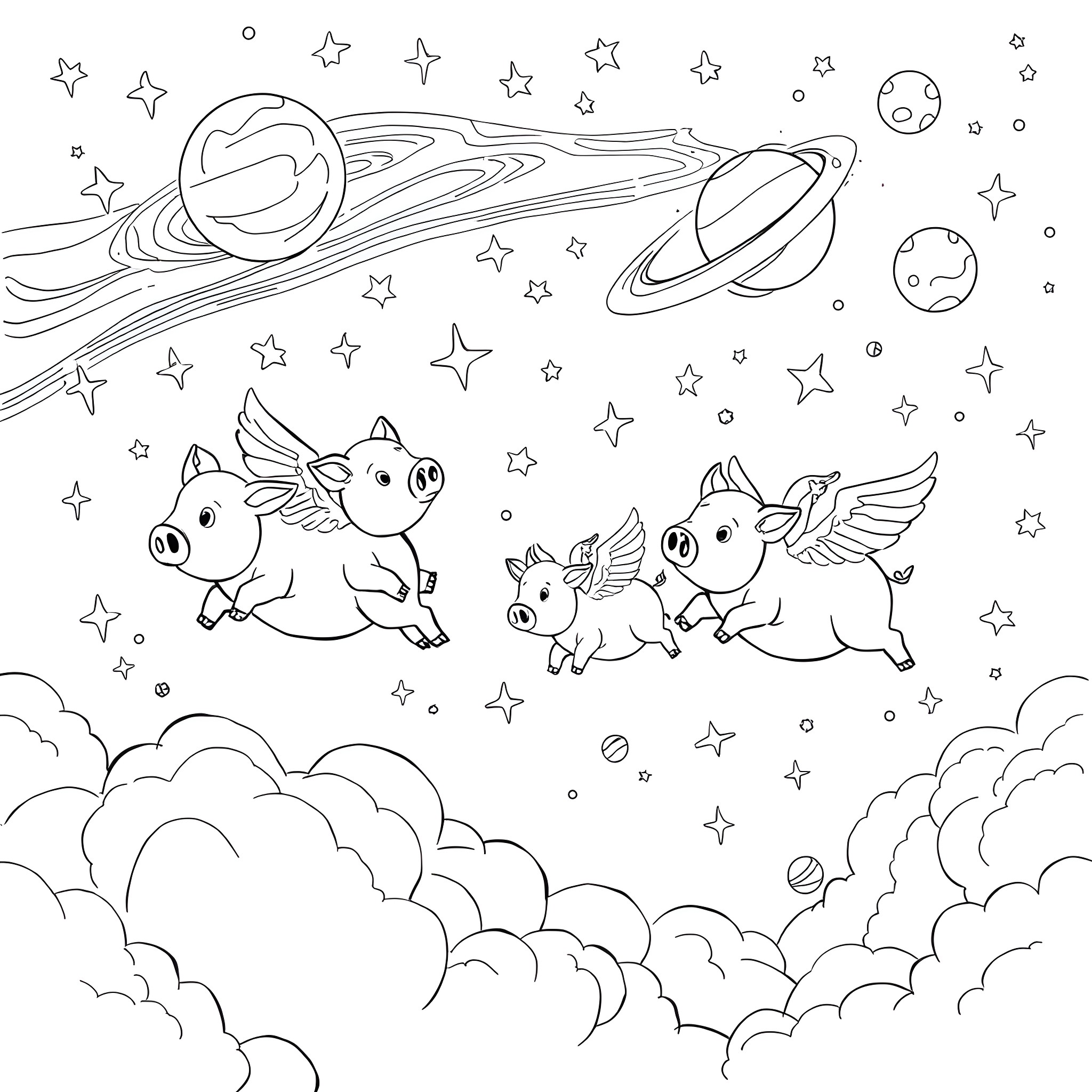 Pig-shaped spaceships flying among stars Coloring Page (free black-and-white line drawing printable PDF for all, from beginners to advanced learners, including children, teens, adults, and seniors)