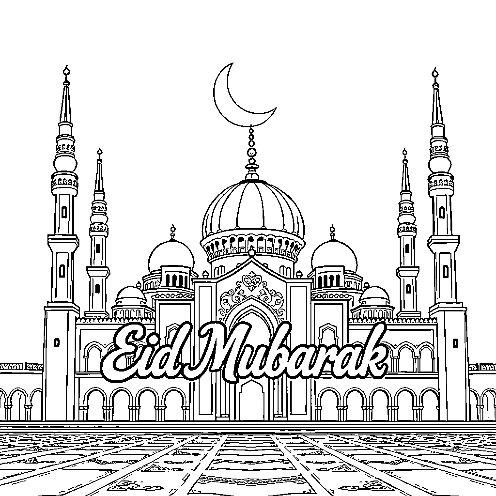 Mosque with Crescent Moon and Ornate Architecture Coloring Page (free black-and-white line drawing printable PDF for all, from beginners to advanced learners, including children, teens, adults, and seniors)