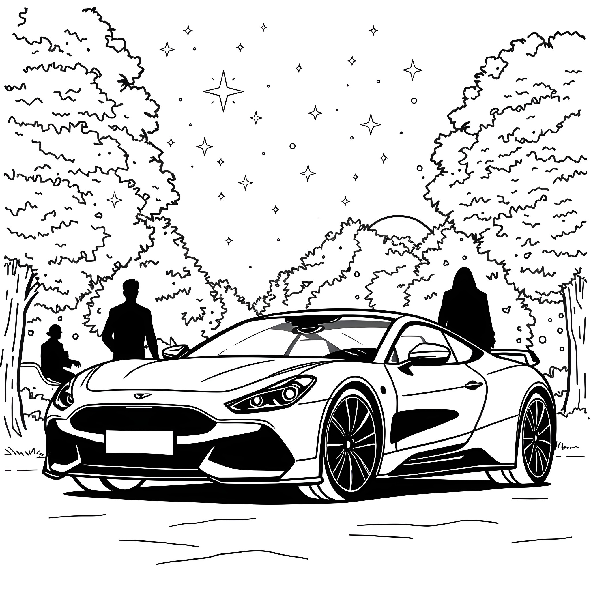 Car racing at night in the forest Coloring Page (free black-and-white line drawing printable PDF for all, from beginners to advanced learners, including children, teens, adults, and seniors)