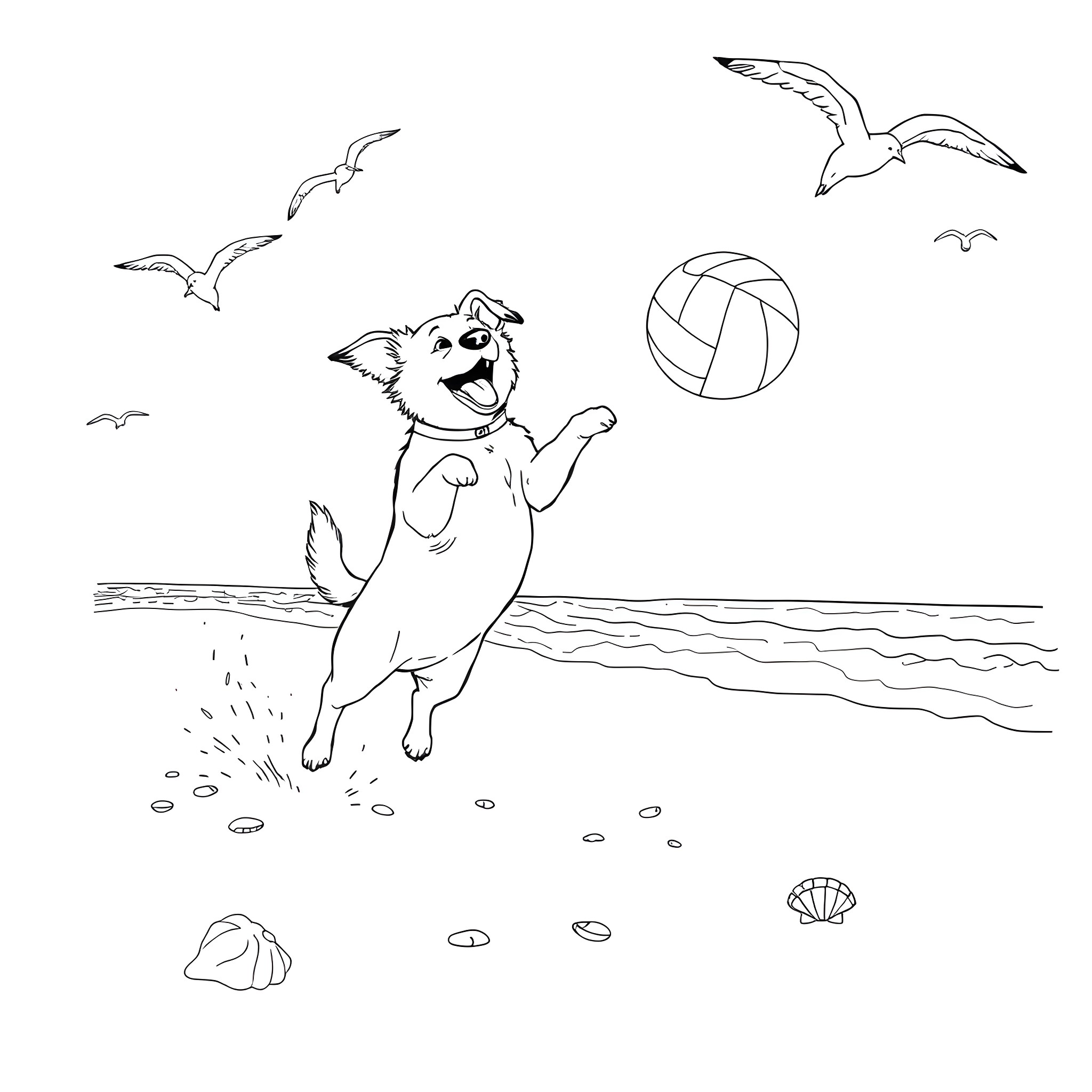 Dog playing with ball on the beach Coloring Page (free black-and-white line drawing printable PDF for all, from beginners to advanced learners, including children, teens, adults, and seniors)