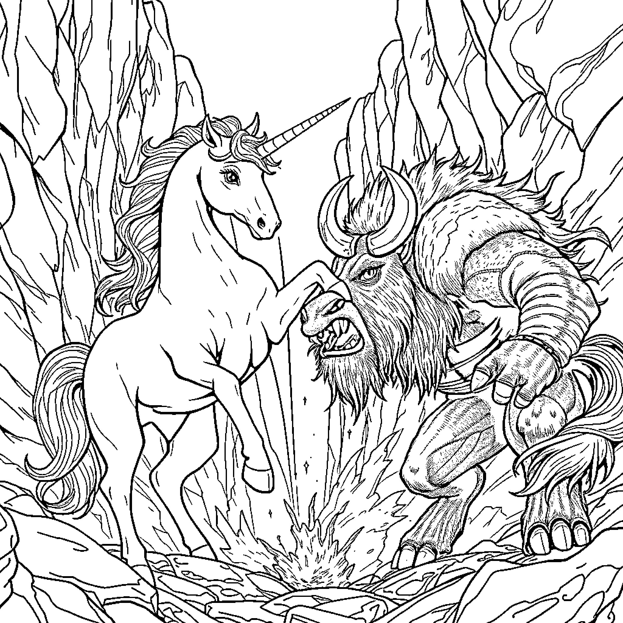 Unicorn Confronting Fierce Creature in Fantastical Landscape Coloring Page (free black-and-white line drawing printable PDF for all, from beginners to advanced learners, including children, teens, adults, and seniors)