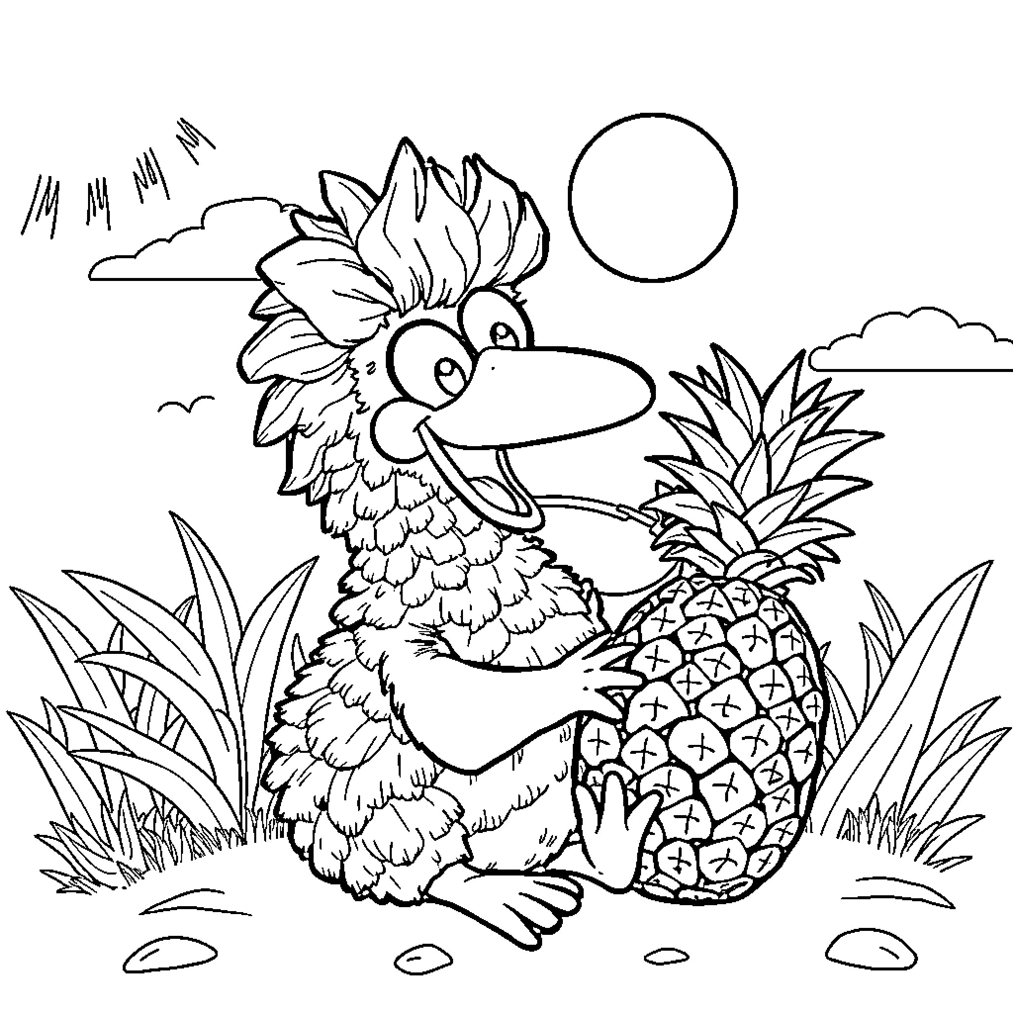 Dodo with pineapple in tropical landscape Coloring Page (free black-and-white line drawing printable PDF for all, from beginners to advanced learners, including children, teens, adults, and seniors)