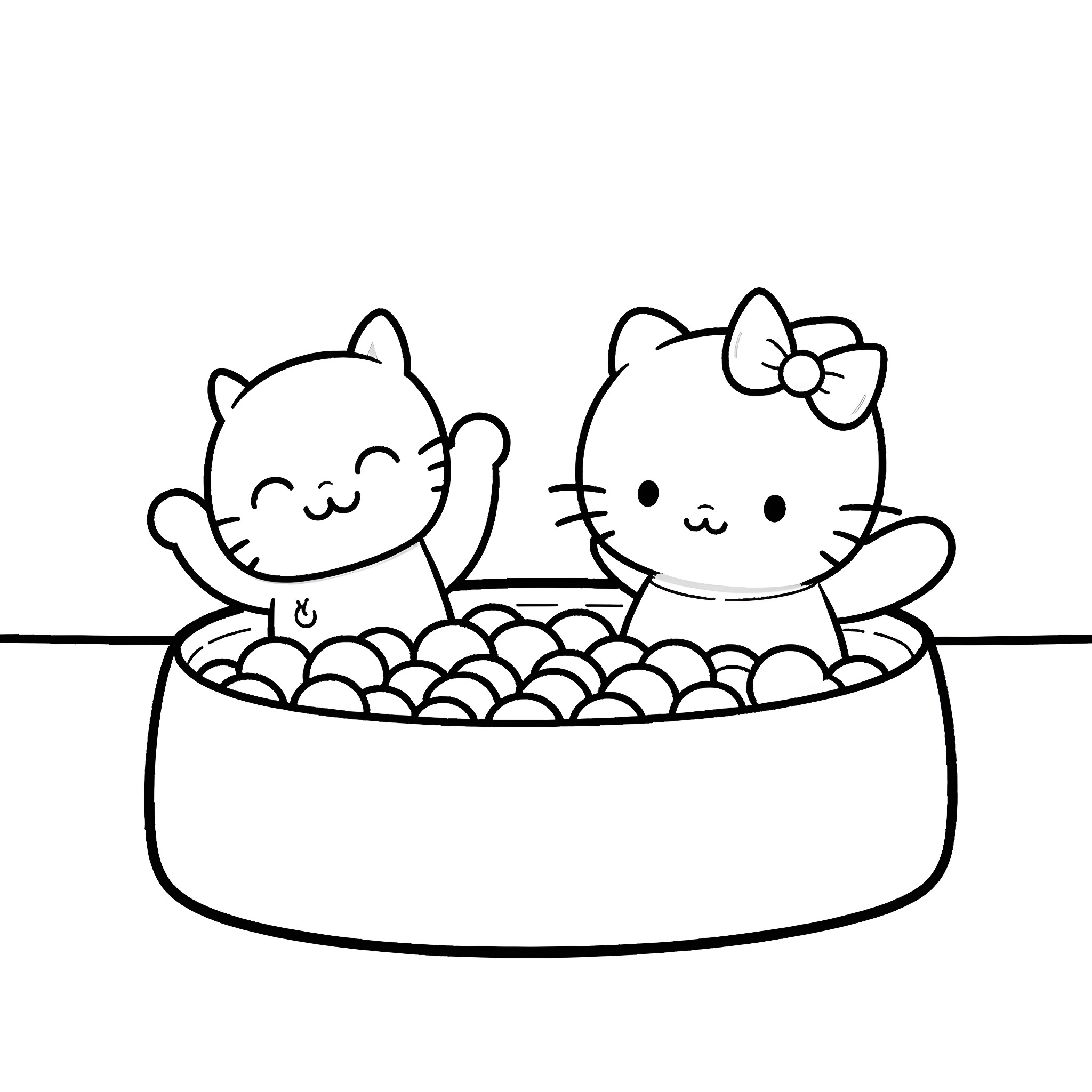 Sanrio Characters Relaxing in Bubble Bath Coloring Page (free black-and-white line drawing printable PDF for all, from beginners to advanced learners, including children, teens, adults, and seniors)
