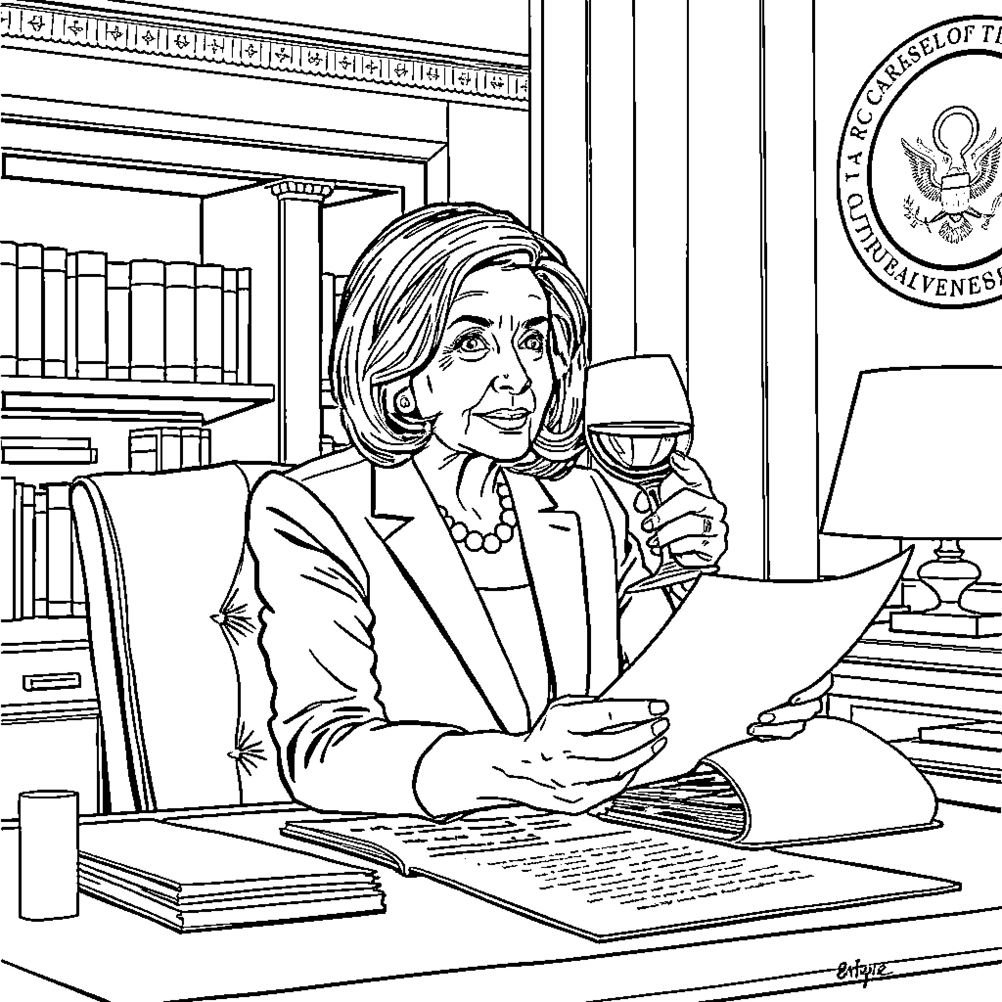 Nancy Pelosi Working Diligently in Office Coloring Page (free black-and-white line drawing printable PDF for all, from beginners to advanced learners, including children, teens, adults, and seniors)