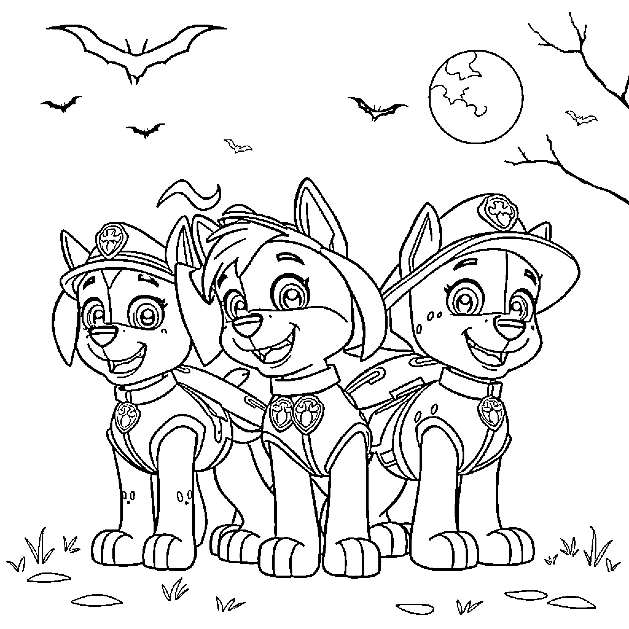 Paw Patrol puppies on a mission Coloring Page (free black-and-white line drawing printable PDF for all, from beginners to advanced learners, including children, teens, adults, and seniors)