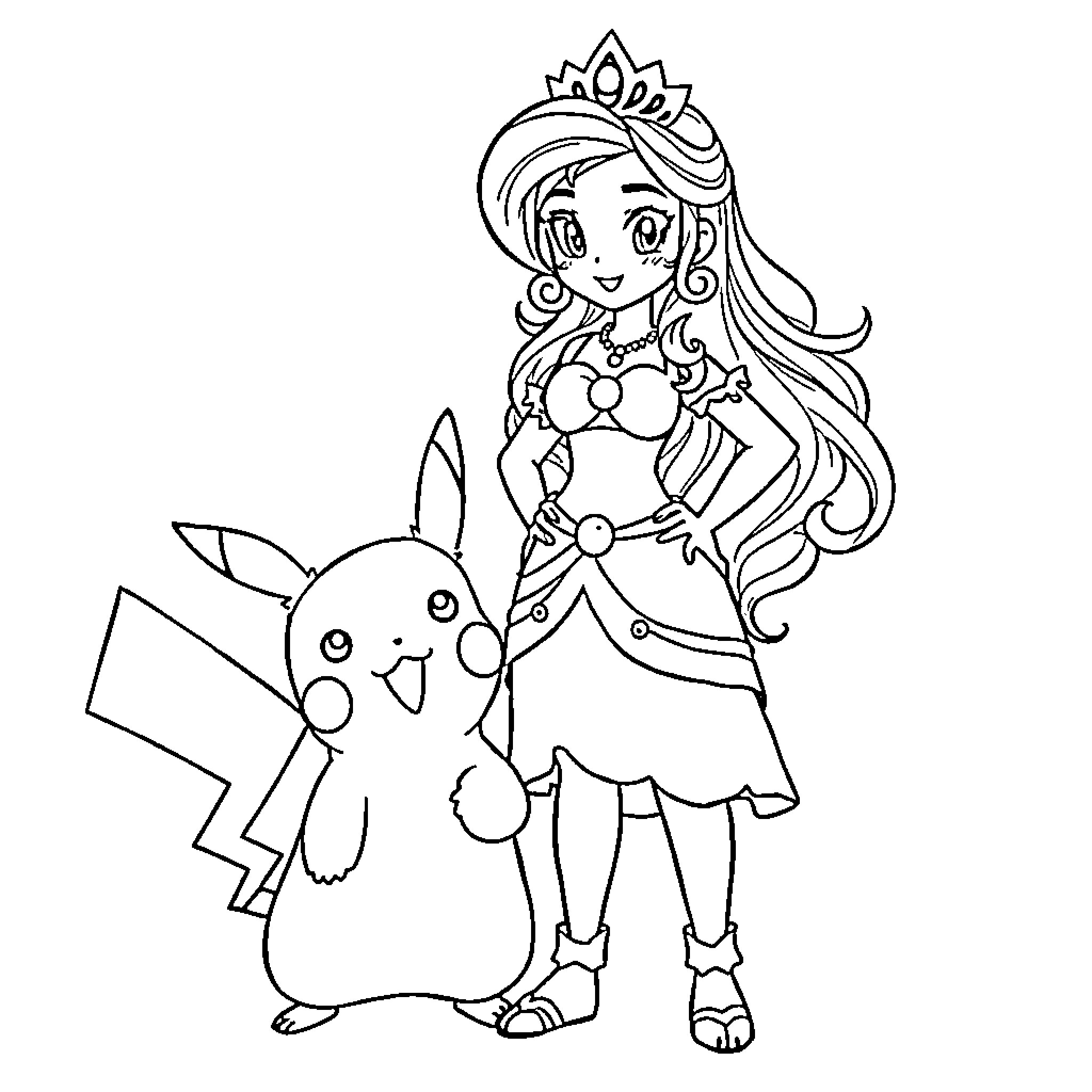 Vaiana and Pikachu in Adventure Coloring Page (free black-and-white line drawing printable PDF for all, from beginners to advanced learners, including children, teens, adults, and seniors)