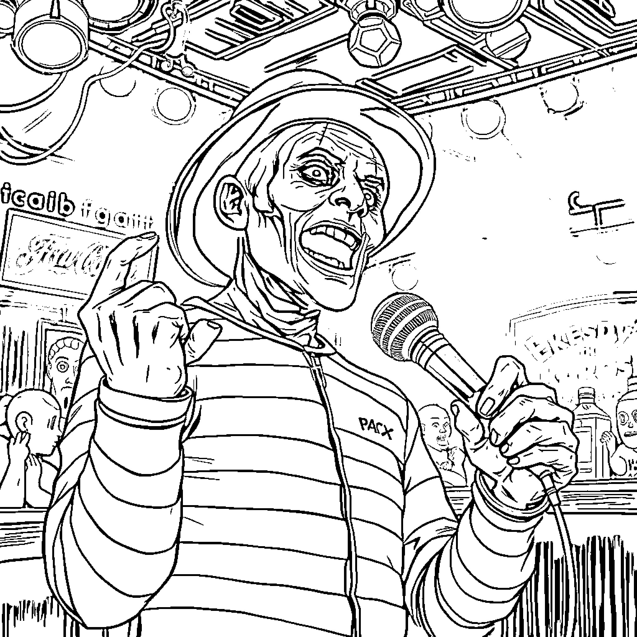 Freddy Kreuger performing on stage with a microphone Coloring Page (free black-and-white line drawing printable PDF for all, from beginners to advanced learners, including children, teens, adults, and seniors)