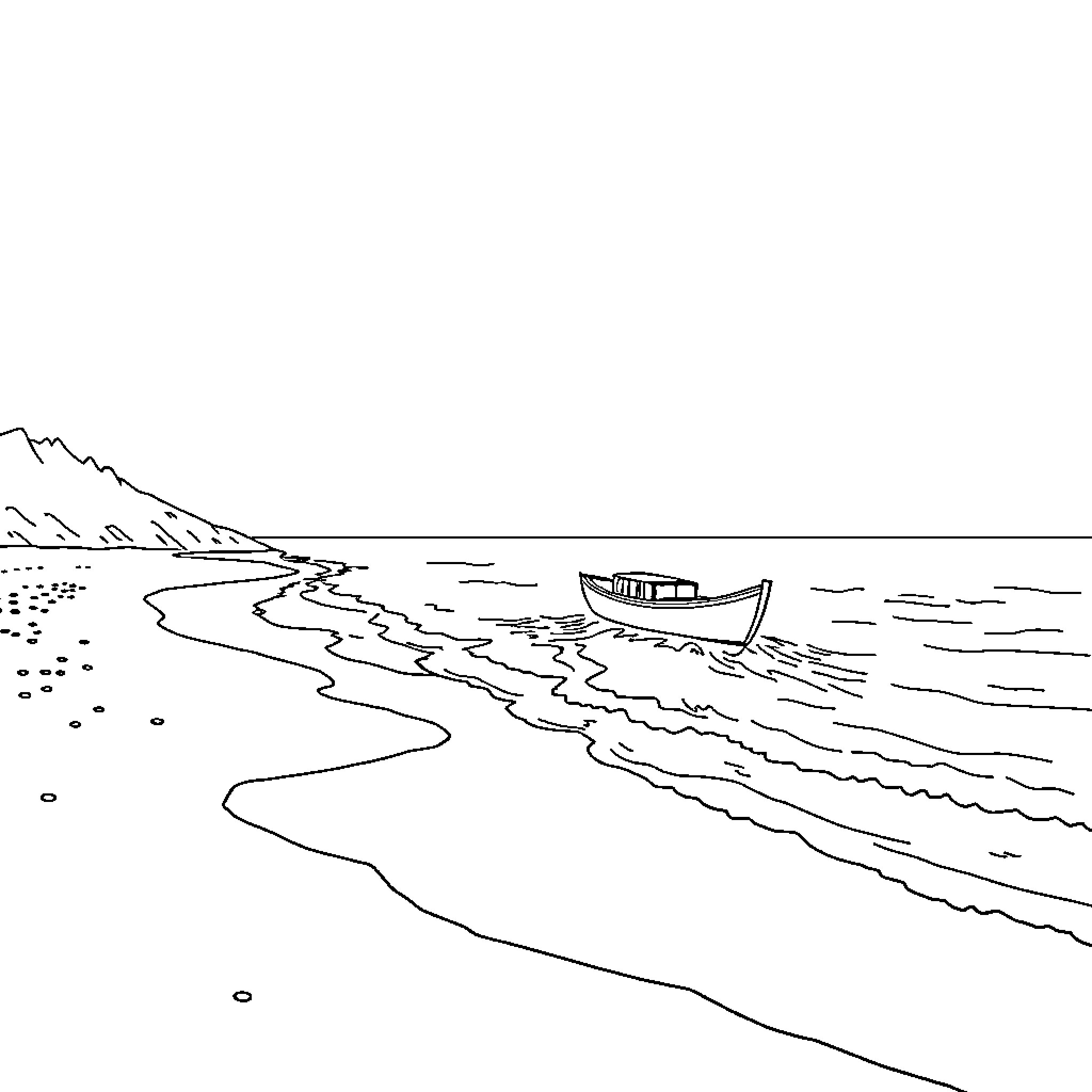 Bateau resting on the serene shoreline Coloring Page (free black-and-white line drawing printable PDF for all, from beginners to advanced learners, including children, teens, adults, and seniors)