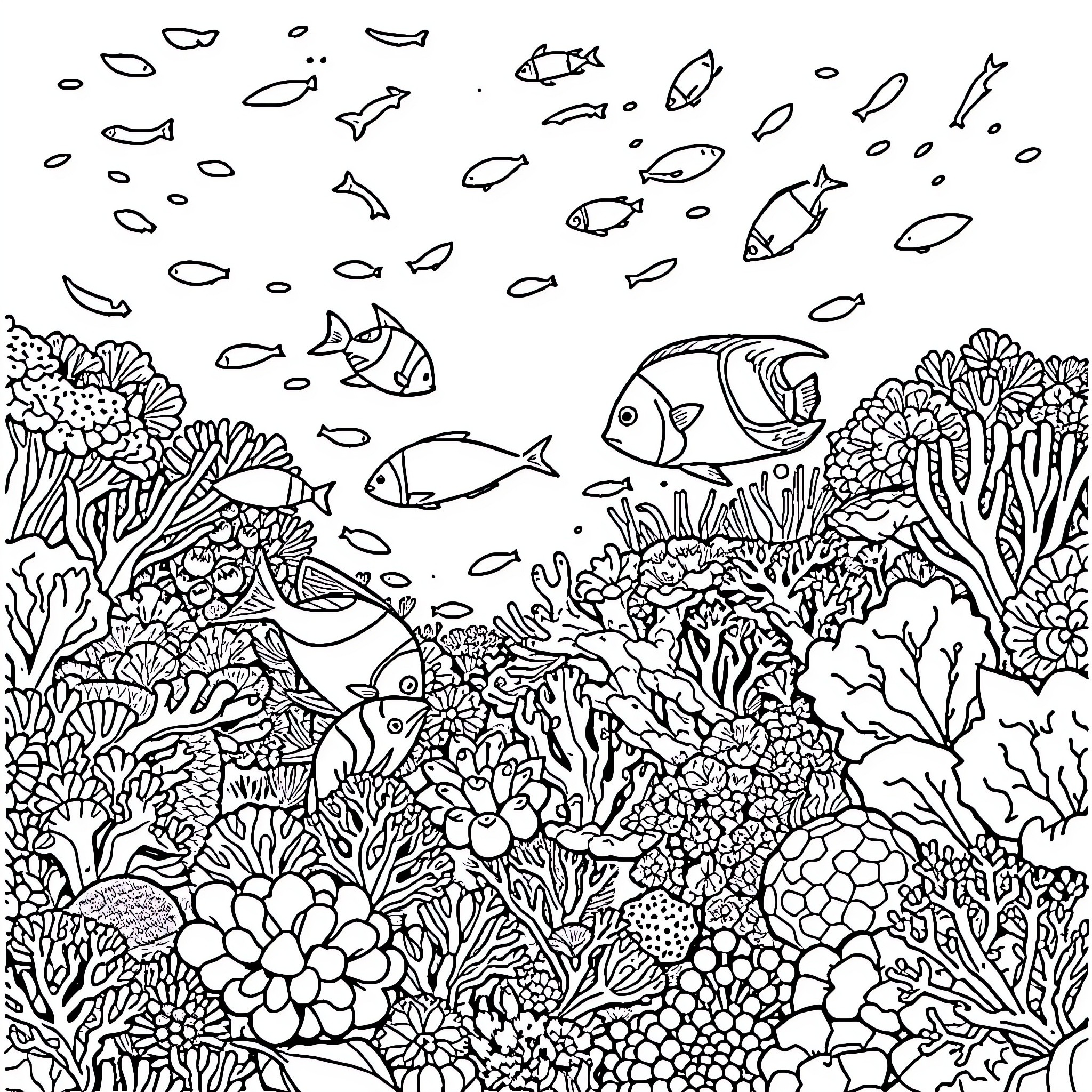 Fish swimming in a vibrant underwater coral reef Coloring Page (free black-and-white line drawing printable PDF for all, from beginners to advanced learners, including children, teens, adults, and seniors)