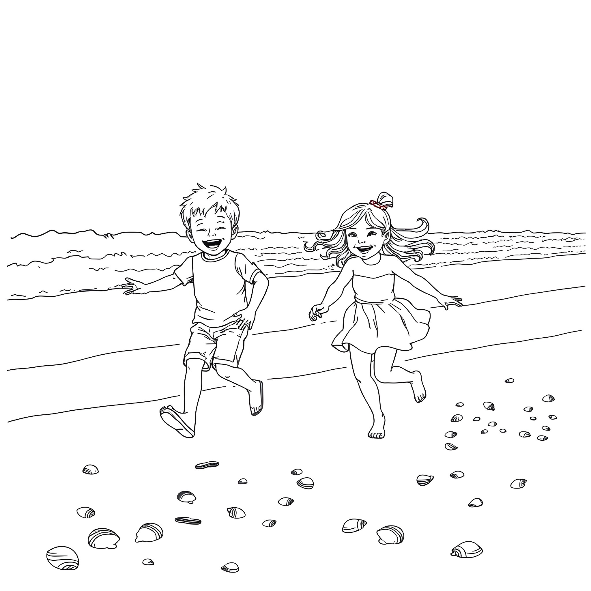 Siblings playing joyfully at the beach Coloring Page (free black-and-white line drawing printable PDF for all, from beginners to advanced learners, including children, teens, adults, and seniors)