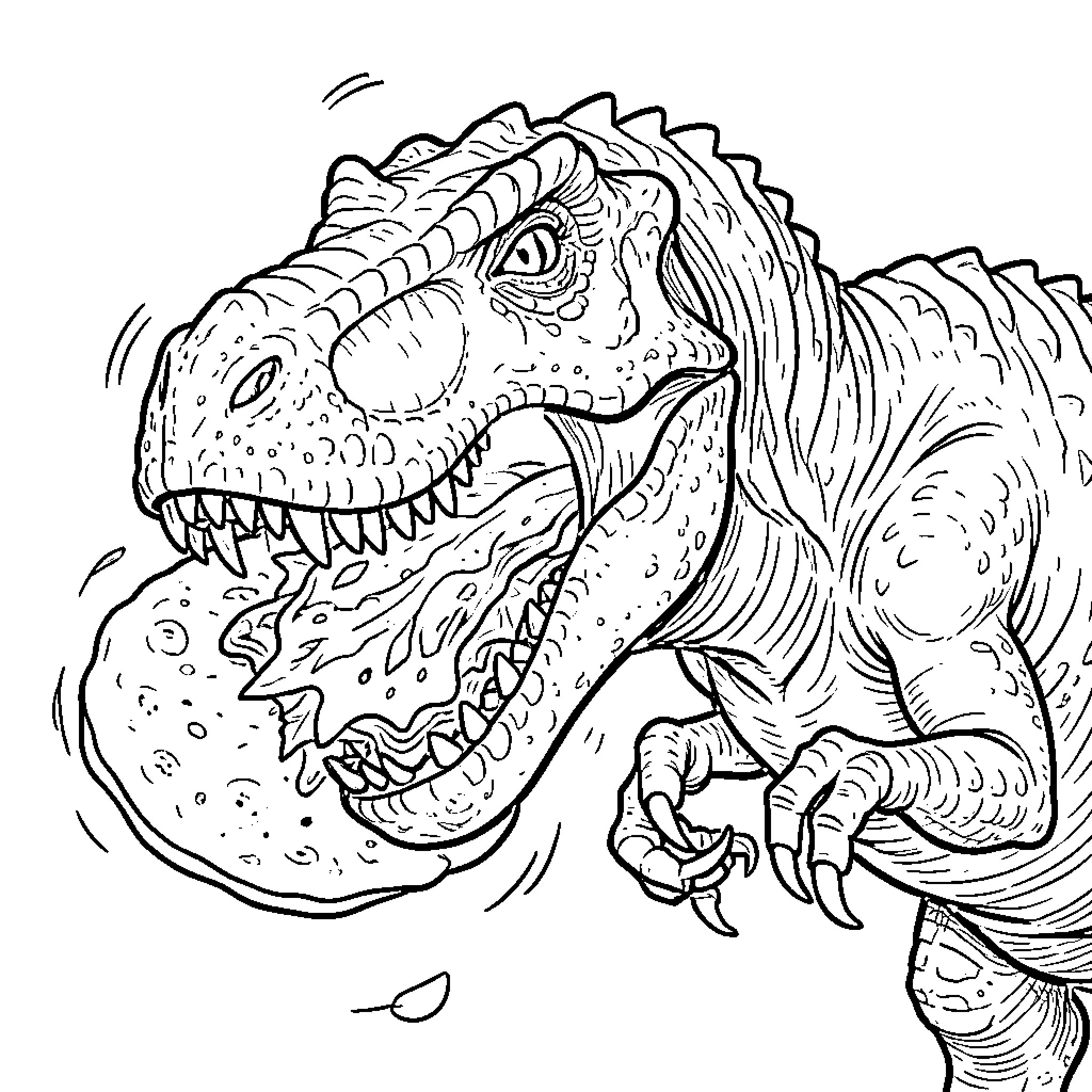 Indominus Rex Ferocious Dinosaur Attacking Coloring Page (free black-and-white line drawing printable PDF for all, from beginners to advanced learners, including children, teens, adults, and seniors)