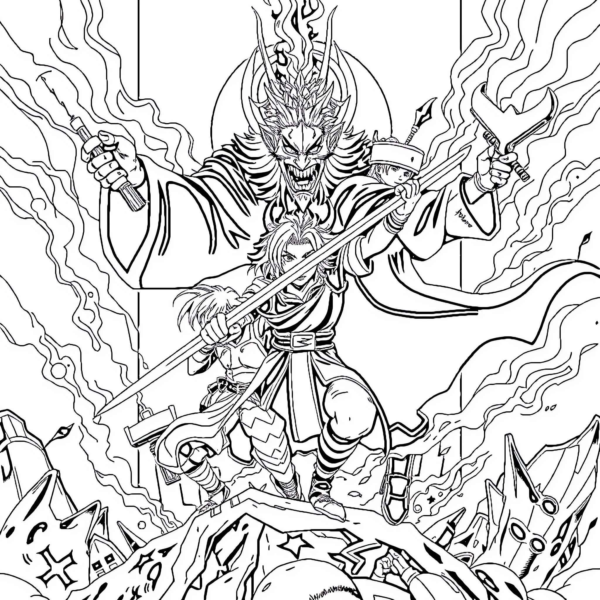 Demon Slayer Warrior Battles with Fiery Determination Coloring Page (free black-and-white line drawing printable PDF for all, from beginners to advanced learners, including children, teens, adults, and seniors)