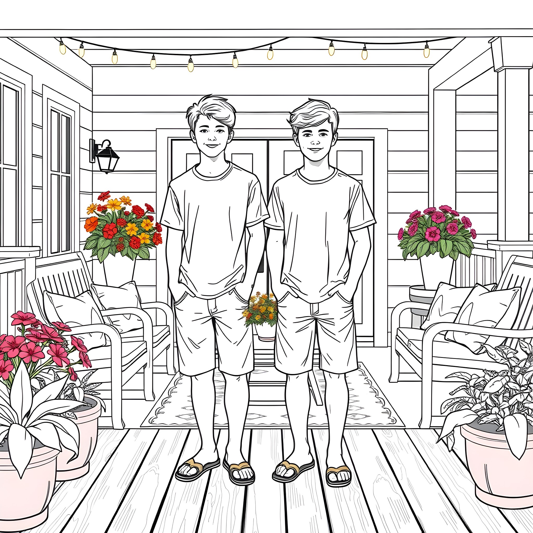 Teen Guys on Porch with Flowers and Patio Furniture Coloring Page (free black-and-white line drawing printable PDF for all, from beginners to advanced learners, including children, teens, adults, and seniors)