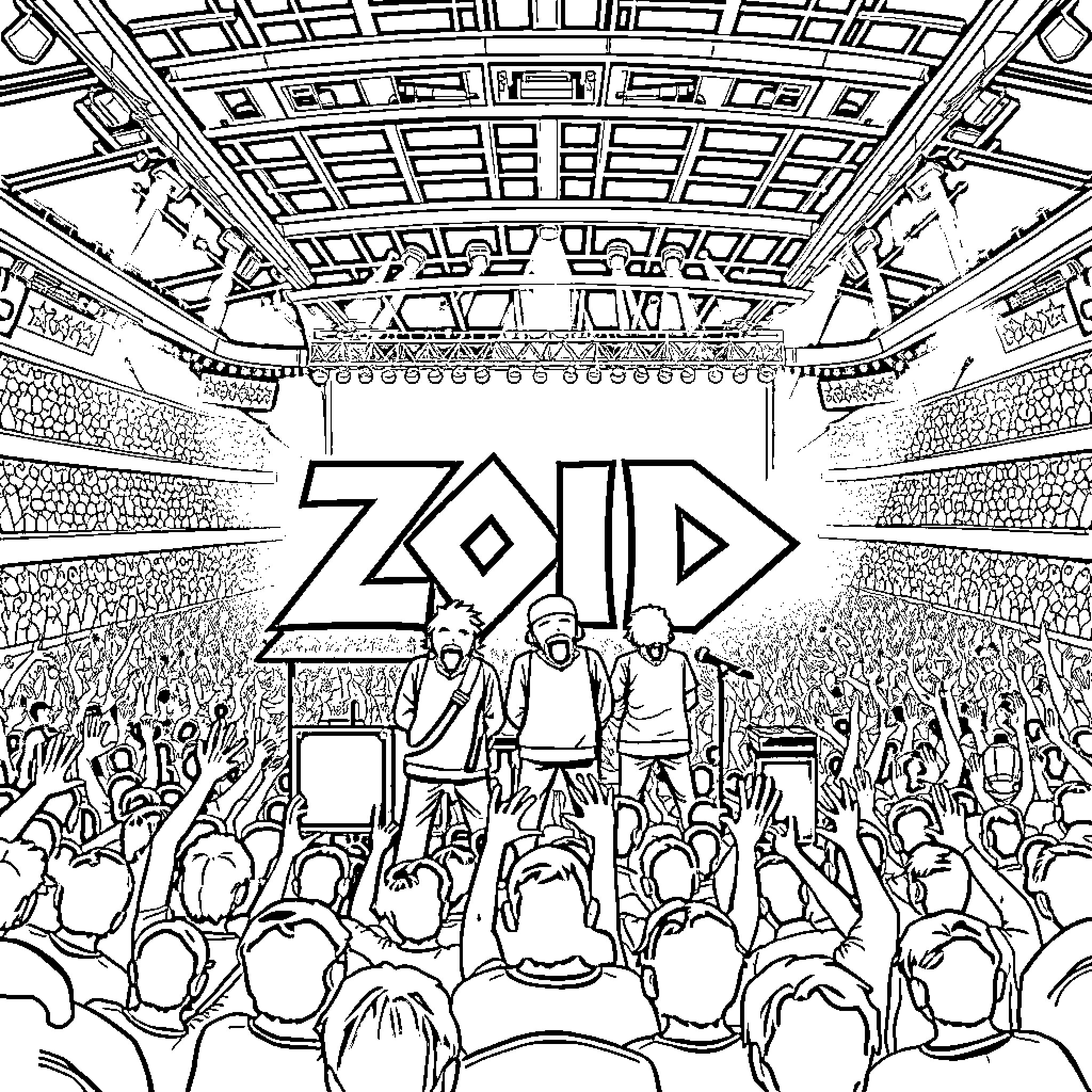 Zoid Performing on Stage with Cheering Crowd Coloring Page (free black-and-white line drawing printable PDF for all, from beginners to advanced learners, including children, teens, adults, and seniors)