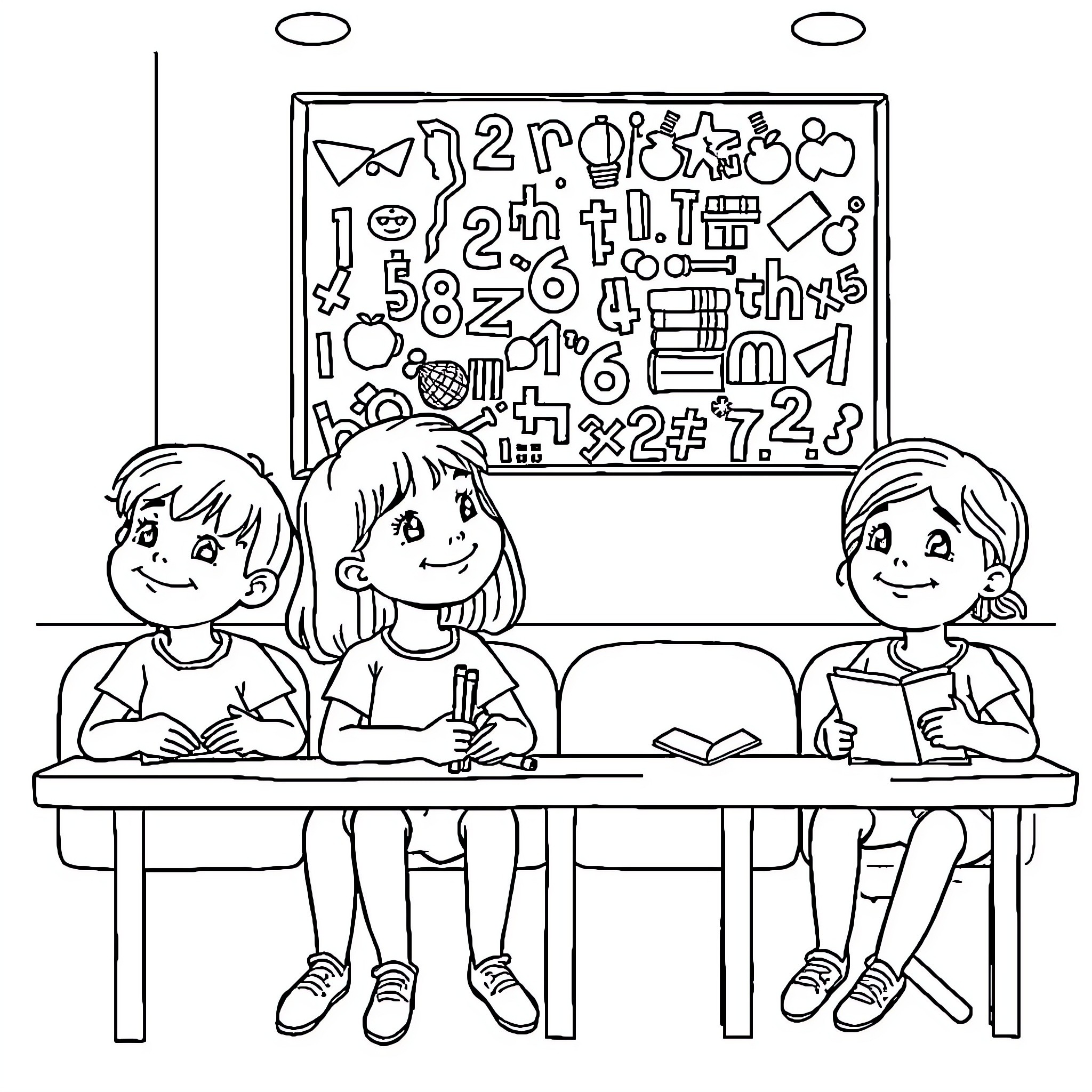 Child Students Learning Mathematics in Classroom Coloring Page (free black-and-white line drawing printable PDF for all, from beginners to advanced learners, including children, teens, adults, and seniors)